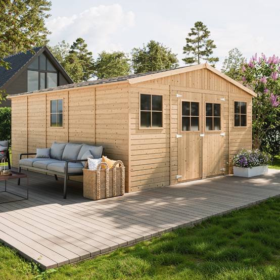 Timbela - Abri de Jardin en Bois Naturel H246x418x522 cm / 20 m² - Stockage extérieur avec fenêtres - 17 mm d’épaisseur - Timbela M333 - Image 1