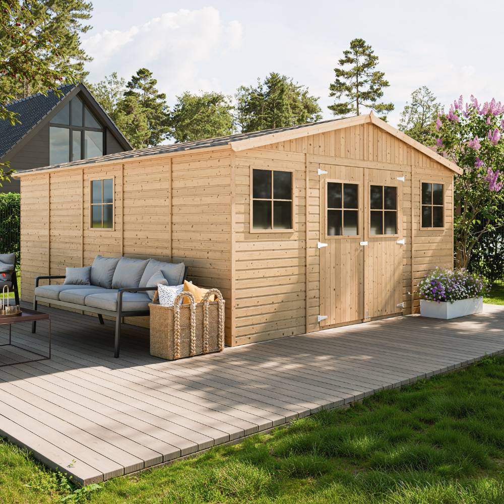 Timbela - Abri de Jardin en Bois Naturel H246x418x522 cm / 20 m² - Stockage extérieur avec fenêtres - 17 mm d’épaisseur - Timbela M333 - Image 1