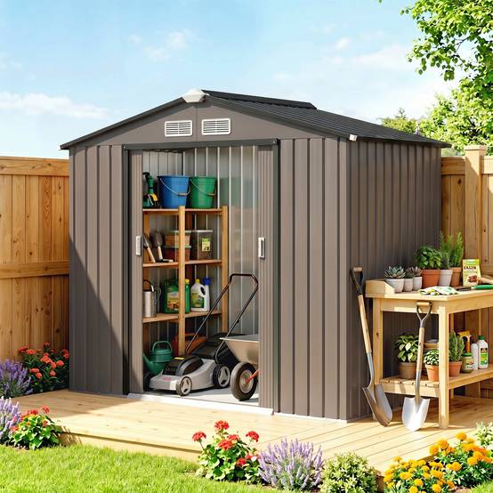 Abri de jardin en métal avec aérations et double porte coulissante, 2,1 x 1,3 m, marron - Image 3