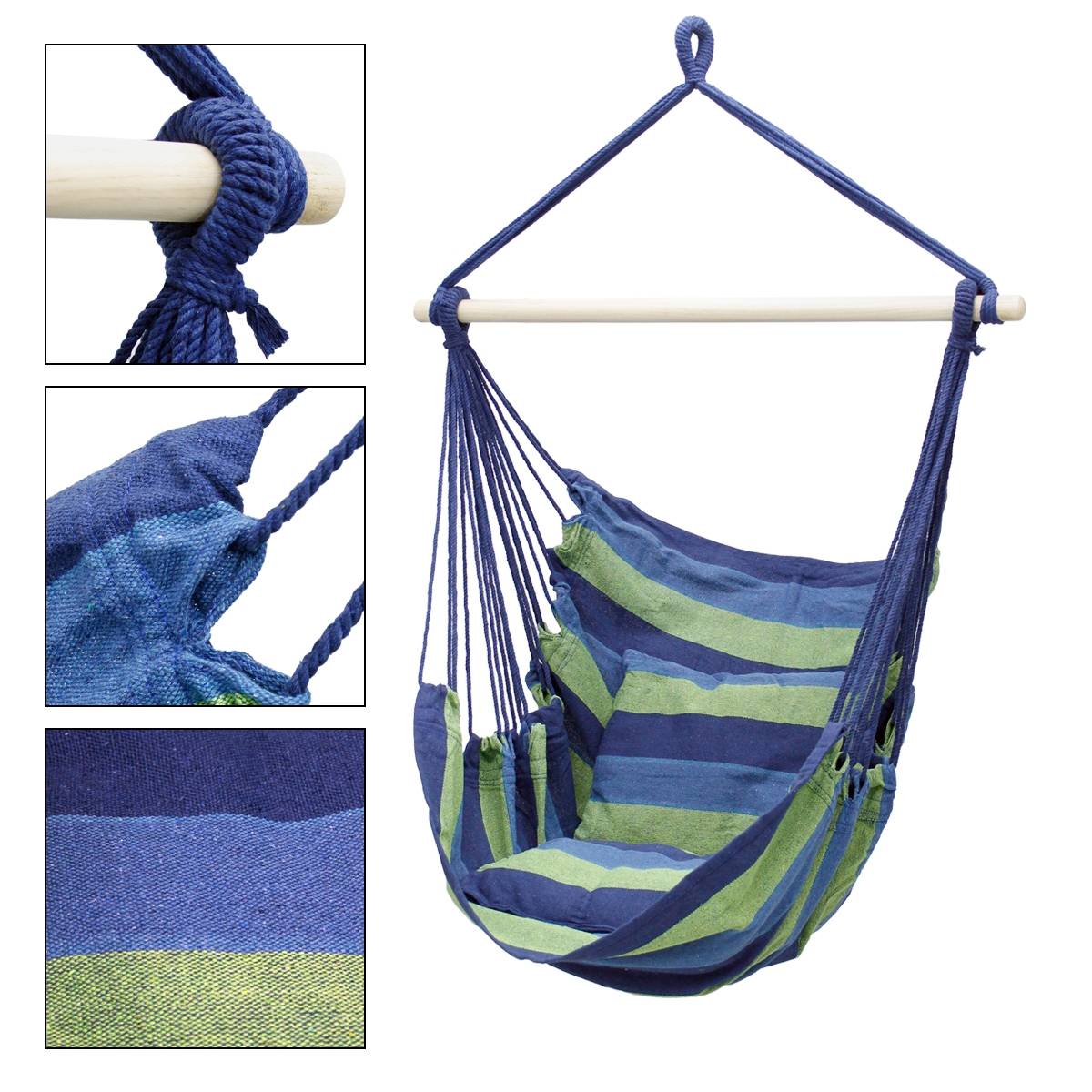 Ecd-Germany - Hamac suspendu balançoire jardin siège coton bleu/vert 120cm extérieur intérieur - Image 4