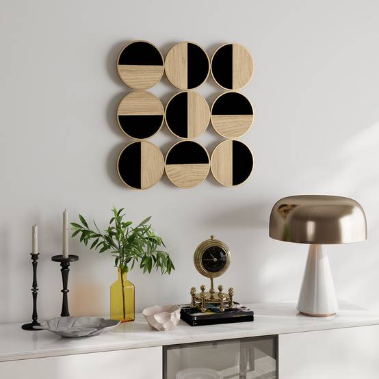 Sans Marque - Décoration murale géométrique ornement 3D moderne 60x60 cm miroir plastique noir bois naturel - Image 3