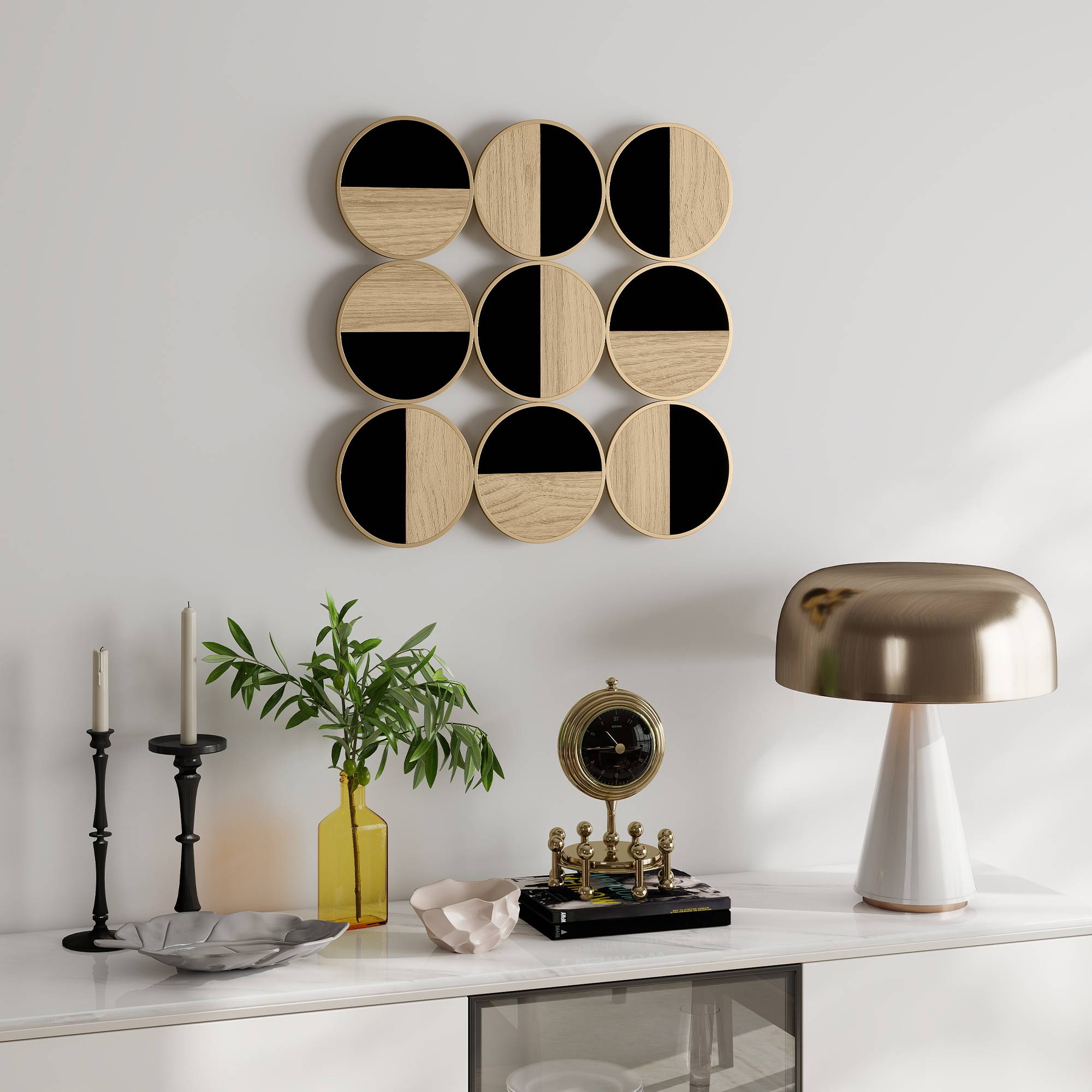 Sans Marque - Décoration murale géométrique ornement 3D moderne 60x60 cm miroir plastique noir bois naturel - Image 3