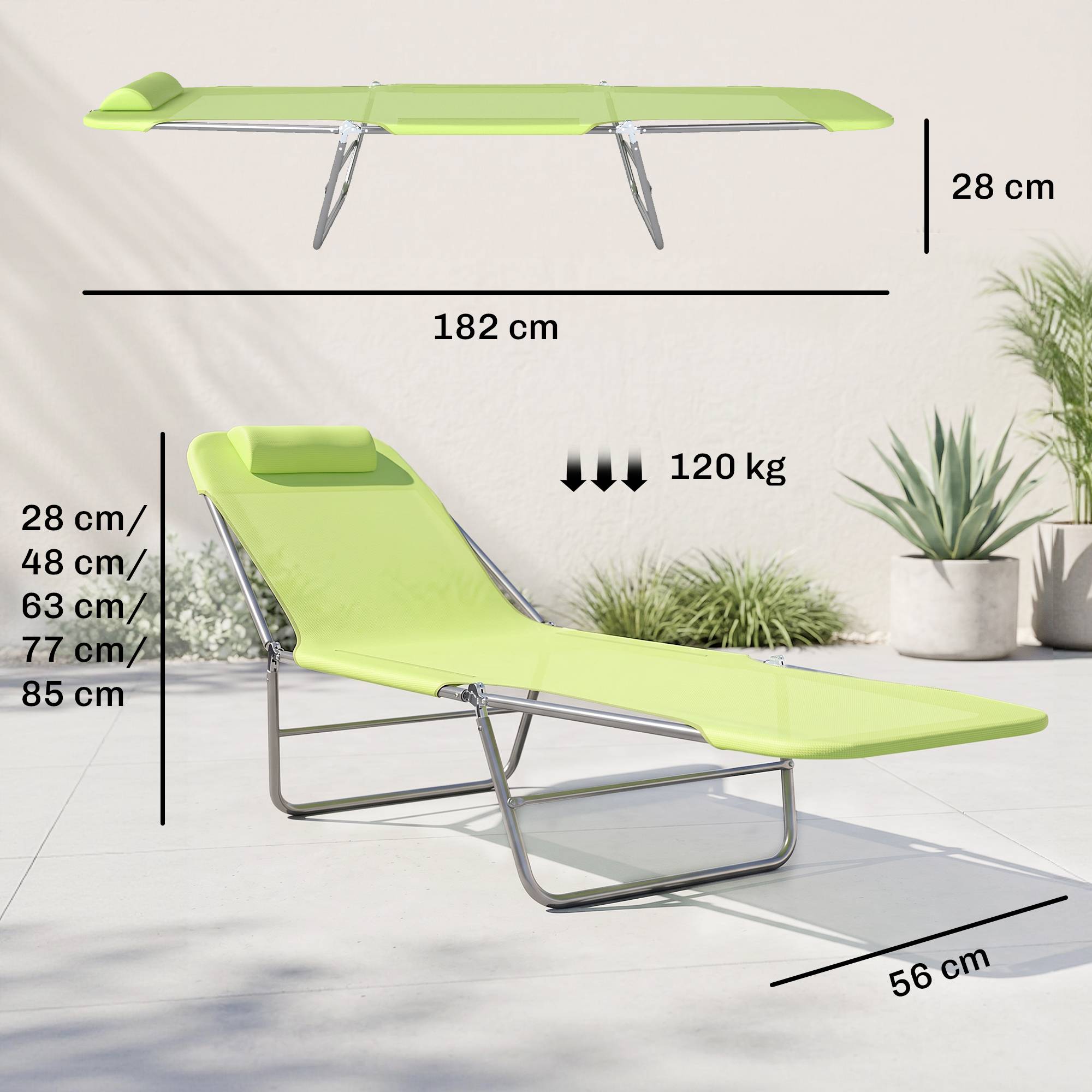 Transat pliant avec dossier inclinable et coussin, 182 x 56 x 24,5 cm - Image 5
