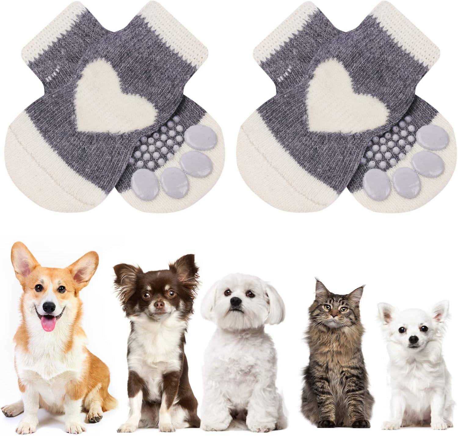 Chaussettes Anti-Dérapantes Chien Chat MOTIF COEUR blanc noir L