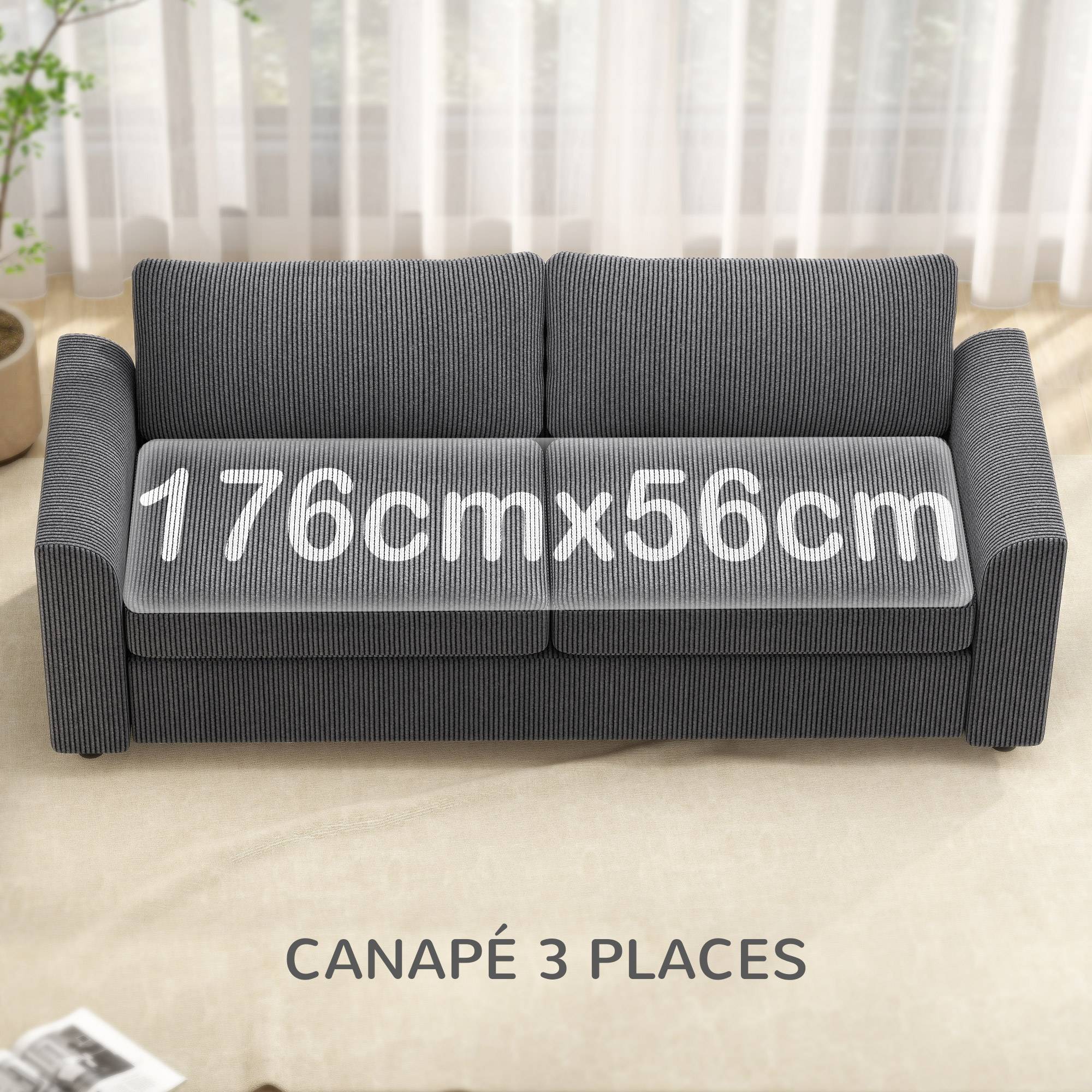 Canapé 3 places 212 cm avec 2 coussins à ressorts, tissu velours côtelé, pour salon, chambre, bureau à domicile, gris foncé - Image 6