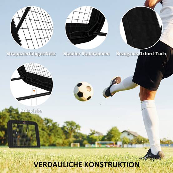 Mur de rebond football 128x118 cm, réglable 5 positions, avec rebord de protection et piquets, portable, noir - Image 8