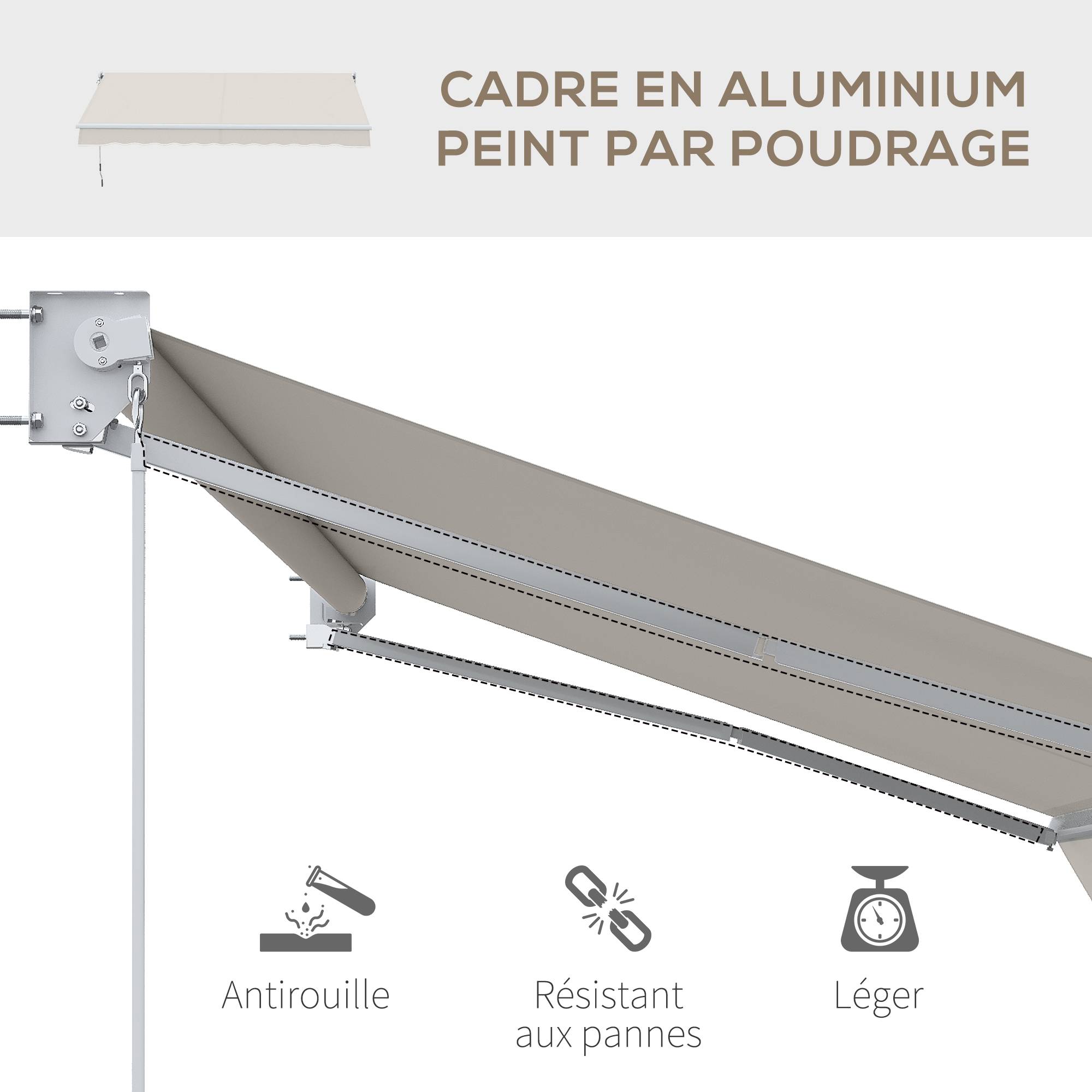 Store banne manuel rétractable 200 x 250 cm store exterieur terrasse avec manivelle, imperméable et anti-UV, crème - Image 9
