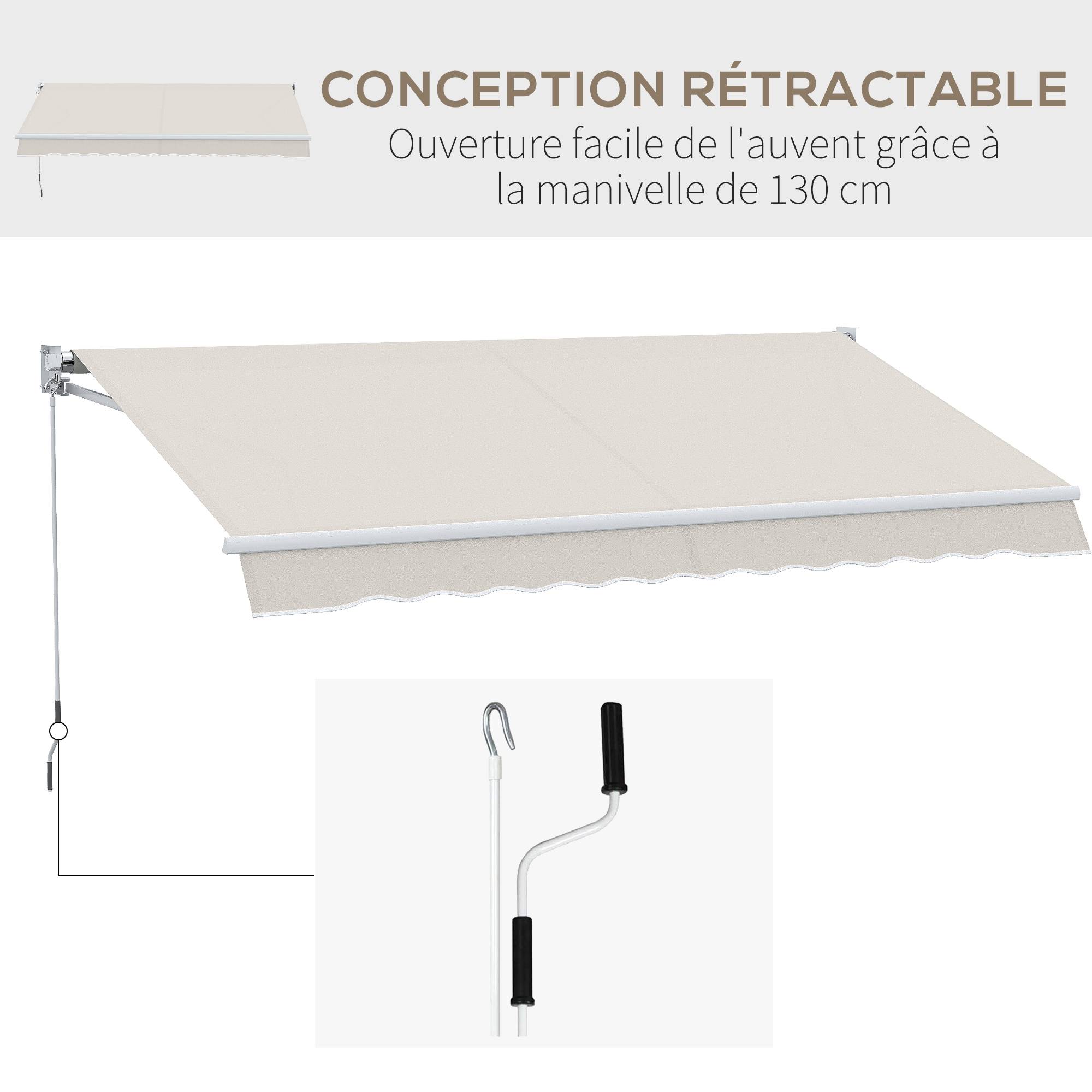 Store banne manuel rétractable 200 x 250 cm store exterieur terrasse avec manivelle, imperméable et anti-UV, crème - Image 7