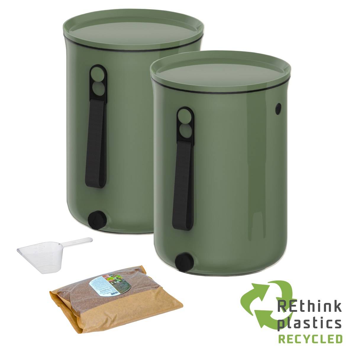 Lot 2 Composteurs Bokashi en Plastique recyclé, vert, 9,6l+1 kg d'activateur - Image 1