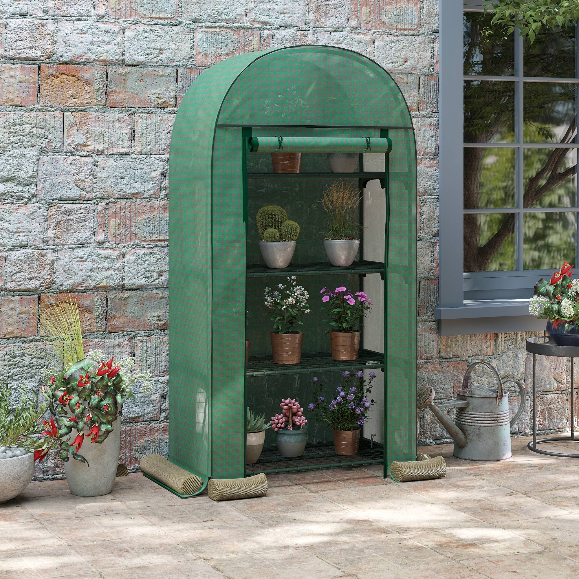 Sans Marque - Serre de jardin avec étagères métalliques, bâche en PE et porte enroulable, 80 x 49 x 160 cm, verte - Image 3