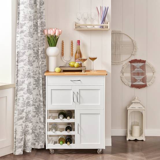 SoBuy Desserte de Cuisine Roulante avec Plateau en Bois, Tiroir, Porte-Bouteilles et Portes, Blanche, 67x87x37cm, FKW45-WN - Image 2