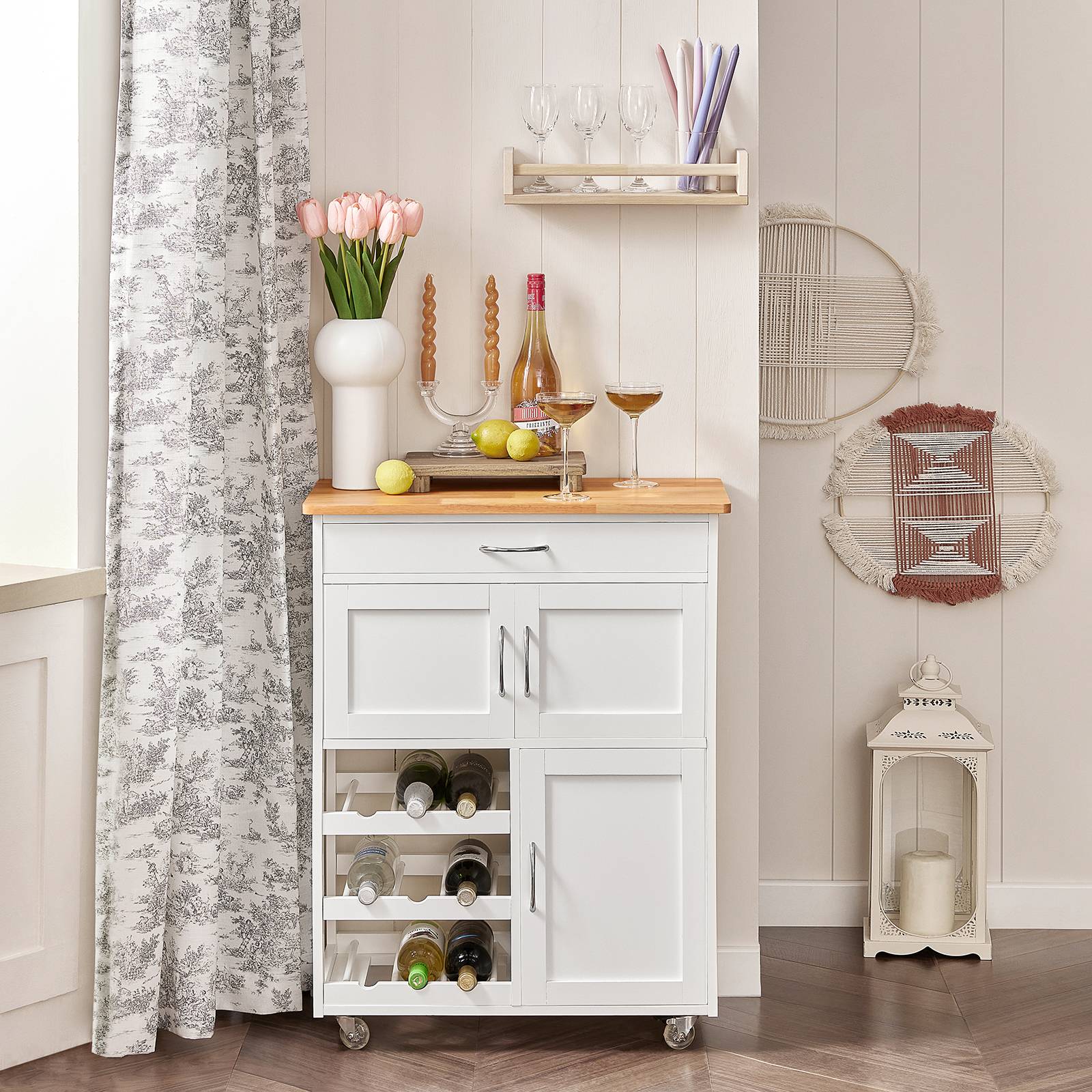 SoBuy Desserte de Cuisine Roulante avec Plateau en Bois, Tiroir, Porte-Bouteilles et Portes, Blanche, 67x87x37cm, FKW45-WN - Image 2