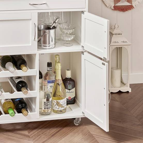 SoBuy Desserte de Cuisine Roulante avec Plateau en Bois, Tiroir, Porte-Bouteilles et Portes, Blanche, 67x87x37cm, FKW45-WN - Image 7