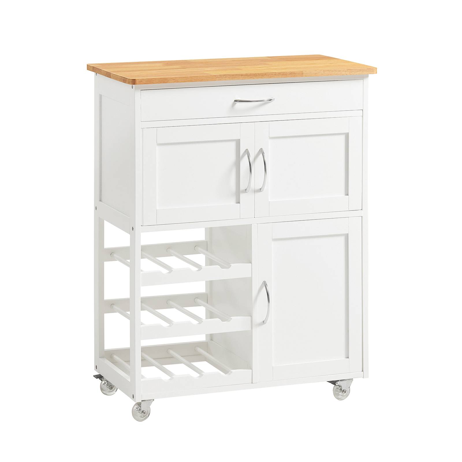 SoBuy Desserte de Cuisine Roulante avec Plateau en Bois, Tiroir, Porte-Bouteilles et Portes, Blanche, 67x87x37cm, FKW45-WN - Image 1