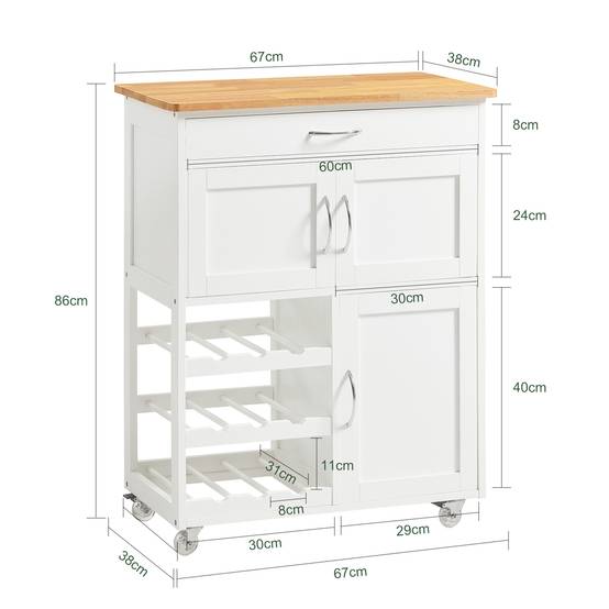 SoBuy Desserte de Cuisine Roulante avec Plateau en Bois, Tiroir, Porte-Bouteilles et Portes, Blanche, 67x87x37cm, FKW45-WN - Image 3