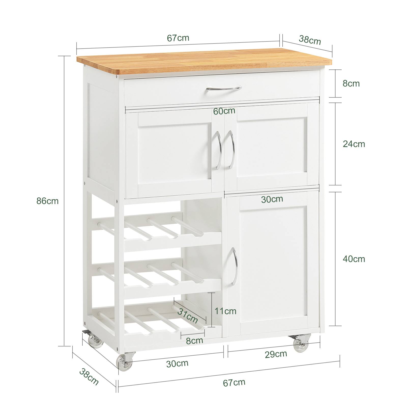 SoBuy Desserte de Cuisine Roulante avec Plateau en Bois, Tiroir, Porte-Bouteilles et Portes, Blanche, 67x87x37cm, FKW45-WN - Image 3