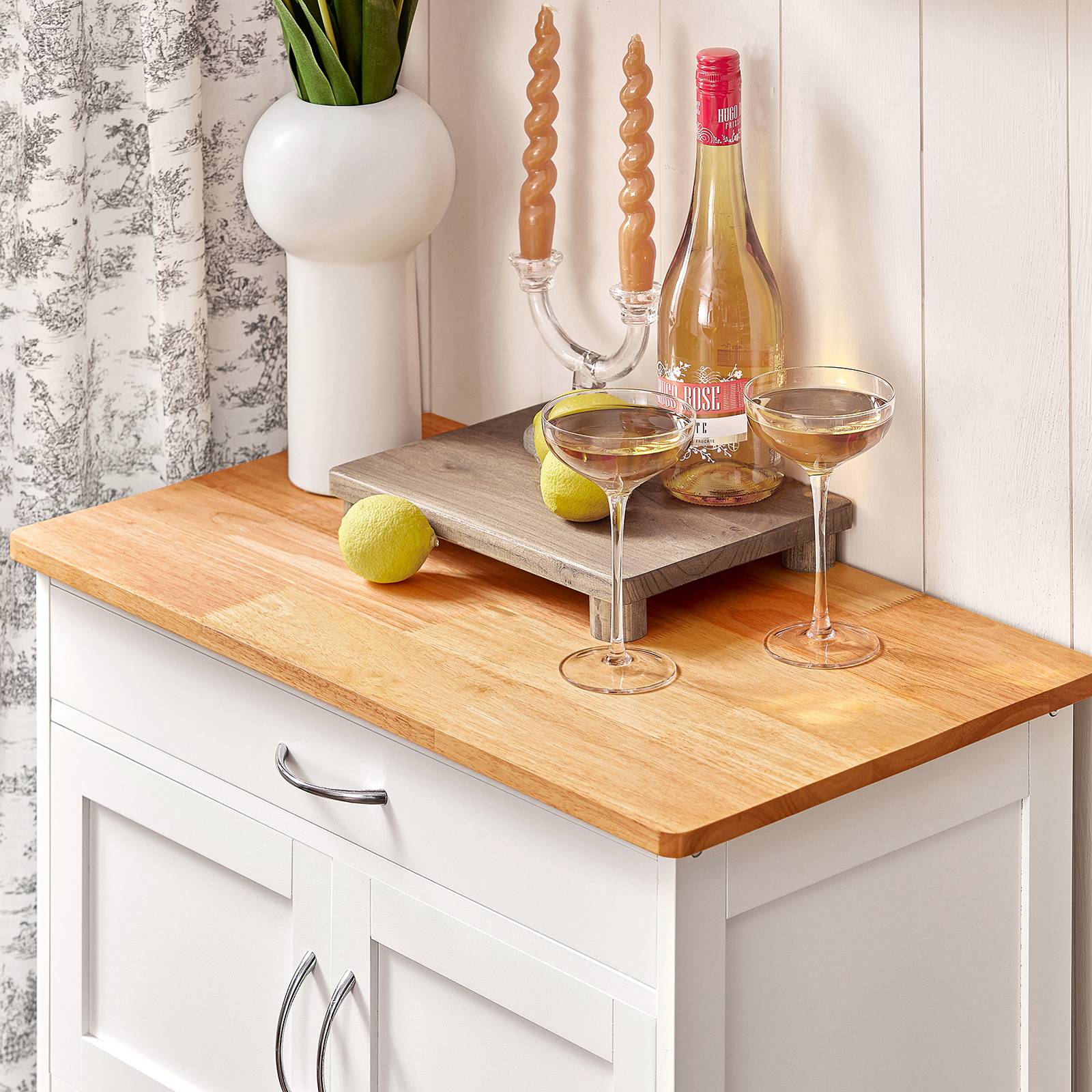 SoBuy Desserte de Cuisine Roulante avec Plateau en Bois, Tiroir, Porte-Bouteilles et Portes, Blanche, 67x87x37cm, FKW45-WN - Image 4