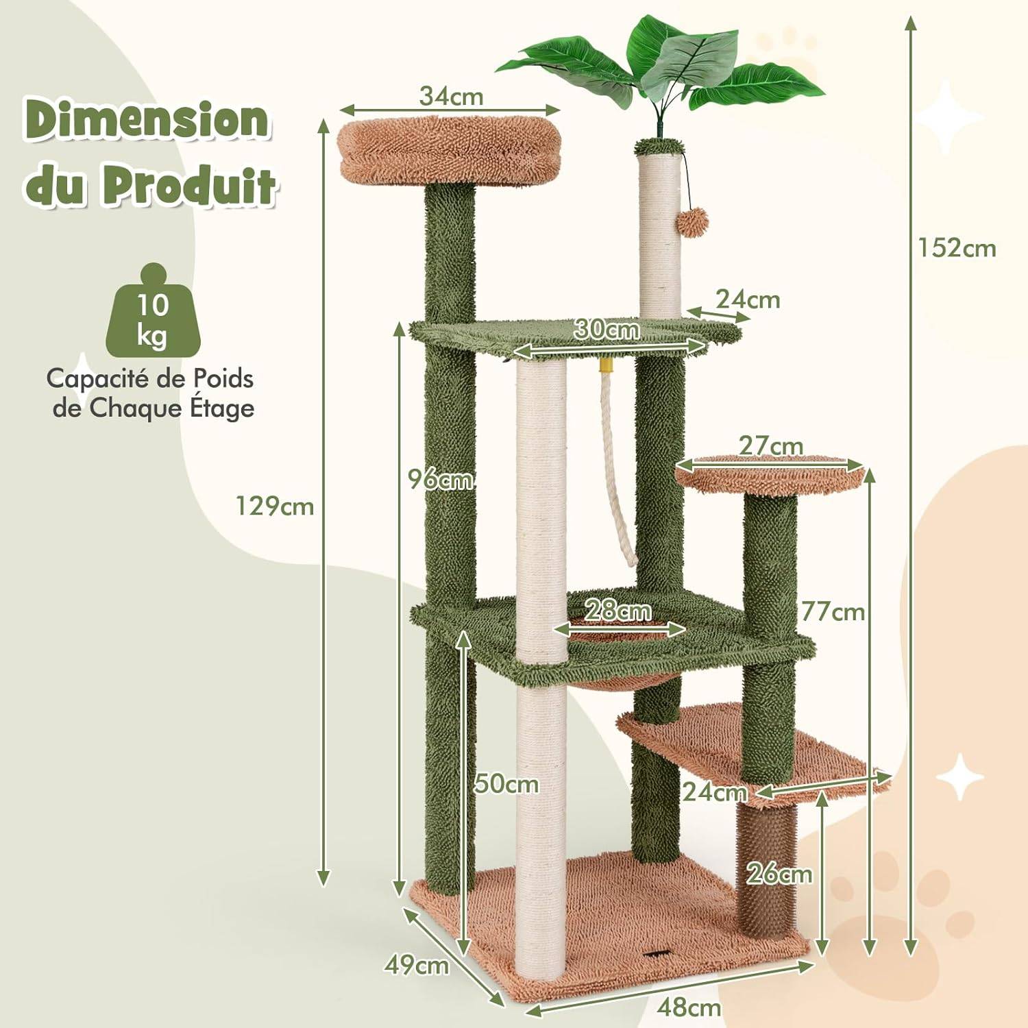 COSTWAY Arbre à Chat Cactus, Tour pour Chat à 6 Étages, 4 Plateformes, Arbre à Chat XXL, Brosse d'Toilettage, 2 Poteaux à Griffer en Sisal, Vert - Image 3