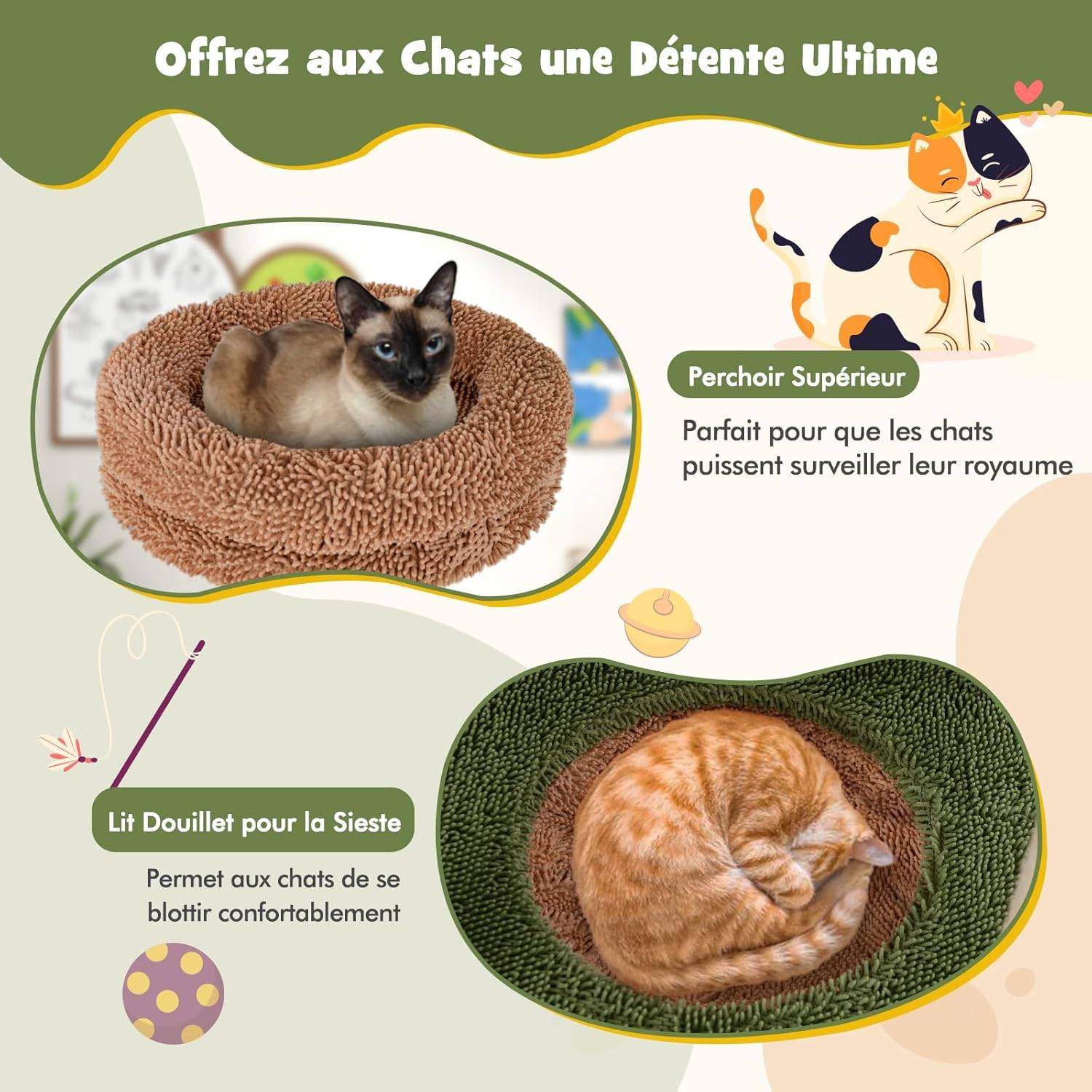 COSTWAY Arbre à Chat Cactus, Tour pour Chat à 6 Étages, 4 Plateformes, Arbre à Chat XXL, Brosse d'Toilettage, 2 Poteaux à Griffer en Sisal, Vert - Image 4