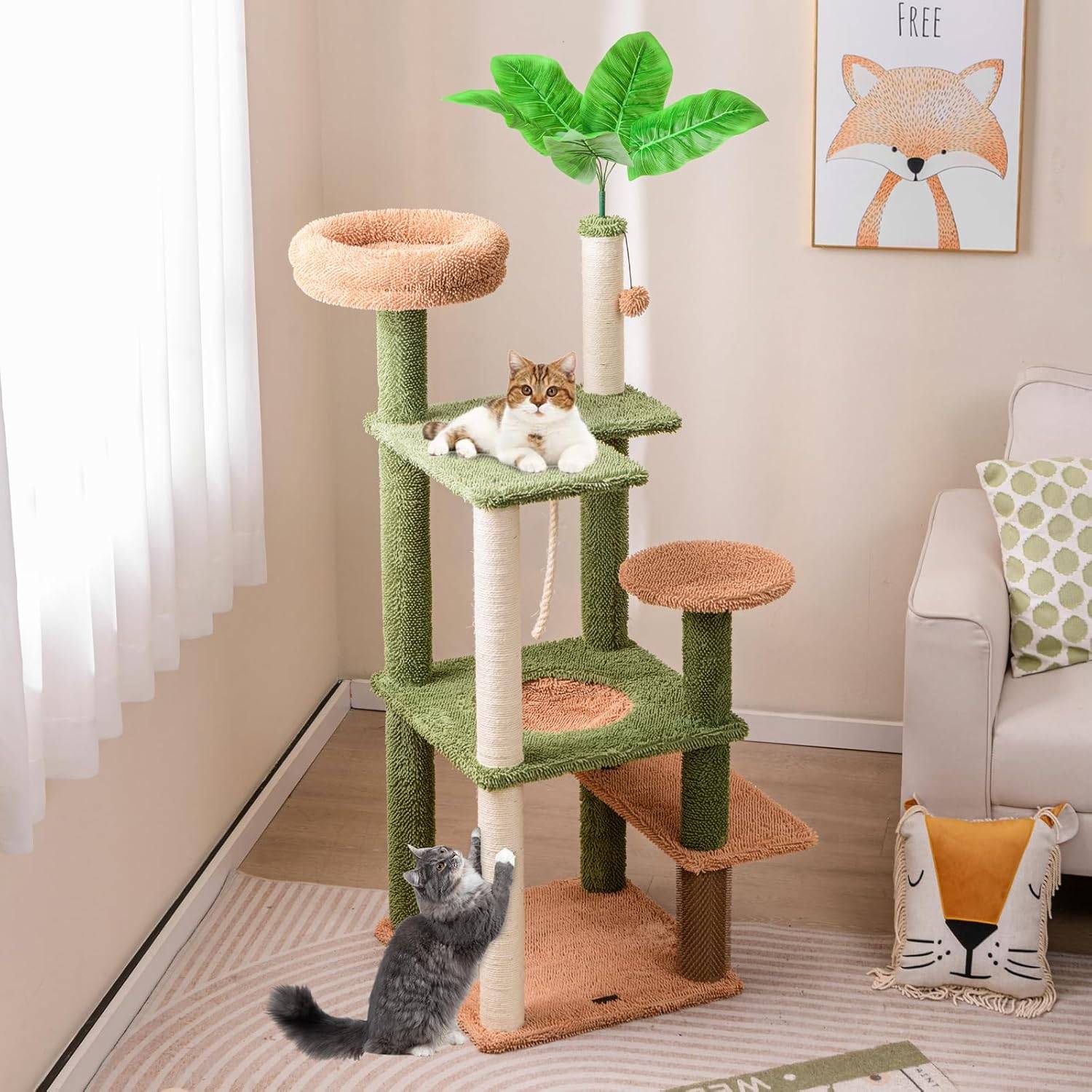 COSTWAY Arbre à Chat Cactus, Tour pour Chat à 6 Étages, 4 Plateformes, Arbre à Chat XXL, Brosse d'Toilettage, 2 Poteaux à Griffer en Sisal, Vert - Image 2