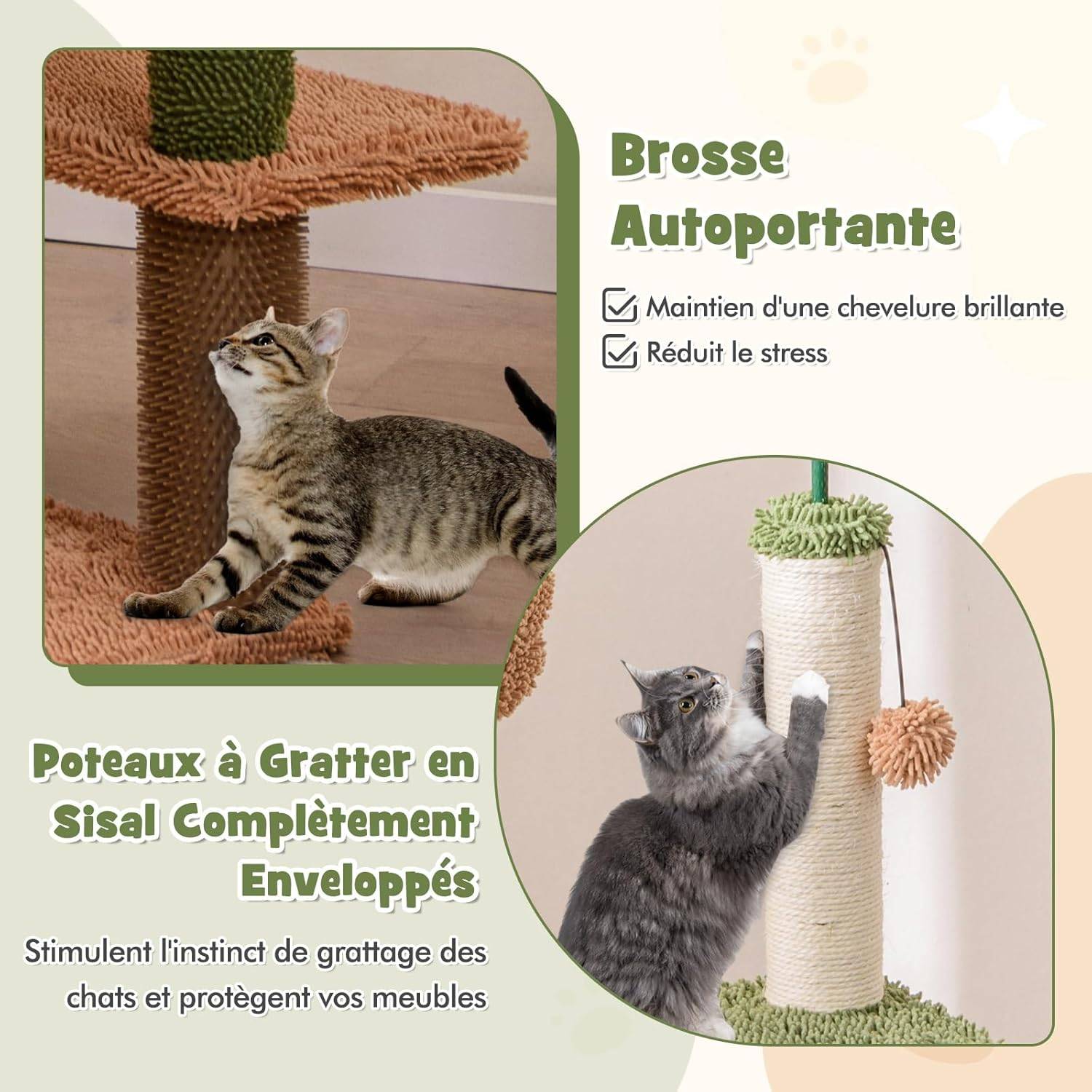 COSTWAY Arbre à Chat Cactus, Tour pour Chat à 6 Étages, 4 Plateformes, Arbre à Chat XXL, Brosse d'Toilettage, 2 Poteaux à Griffer en Sisal, Vert - Image 6