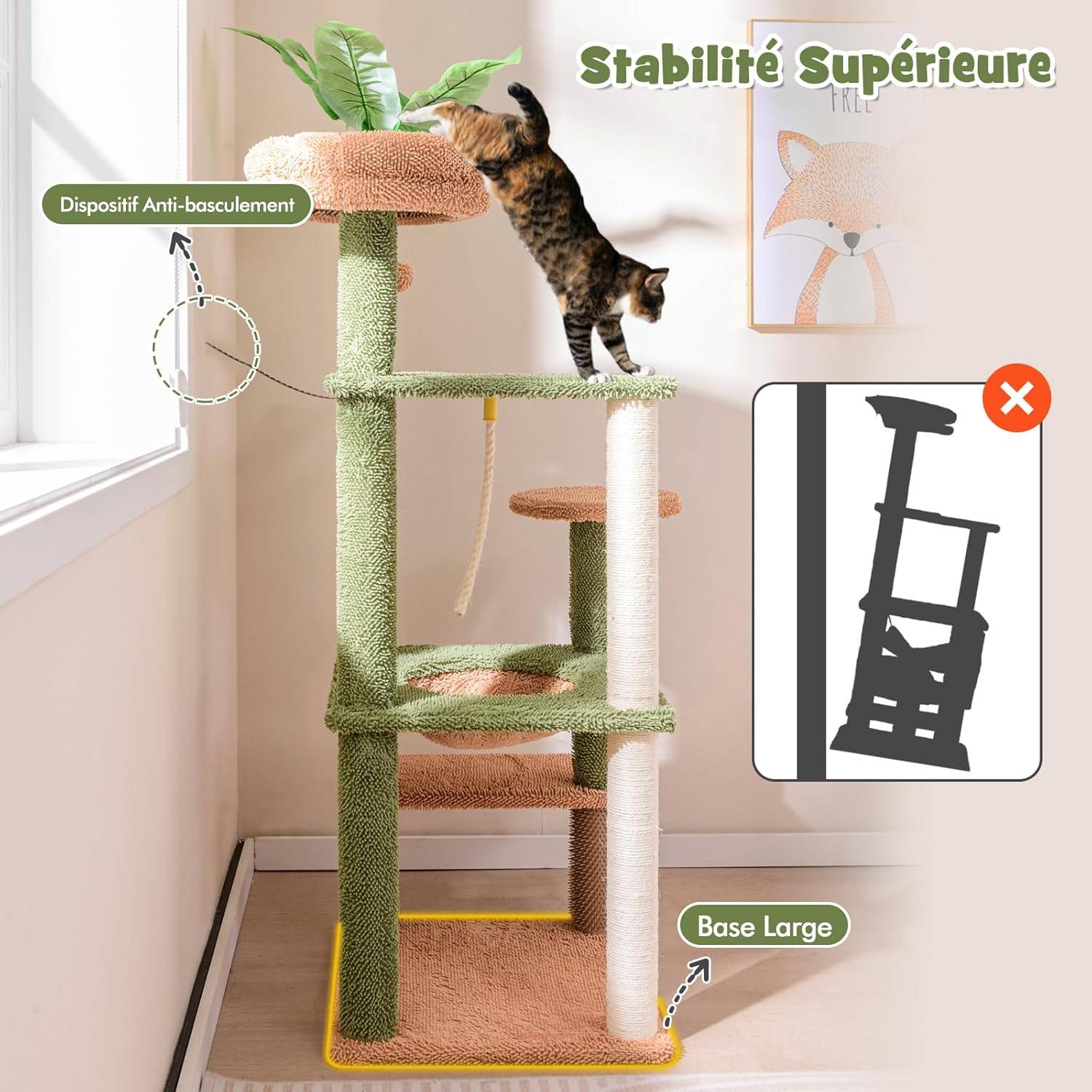 COSTWAY Arbre à Chat Cactus, Tour pour Chat à 6 Étages, 4 Plateformes, Arbre à Chat XXL, Brosse d'Toilettage, 2 Poteaux à Griffer en Sisal, Vert - Image 7