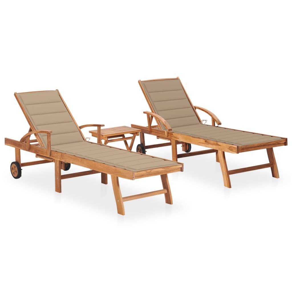 Helloshop26 - Lot de 2 transats chaise longue bain de soleil lit de jardin terrasse meuble d'extérieur avec table et coussin bois de teck solide - Image 1
