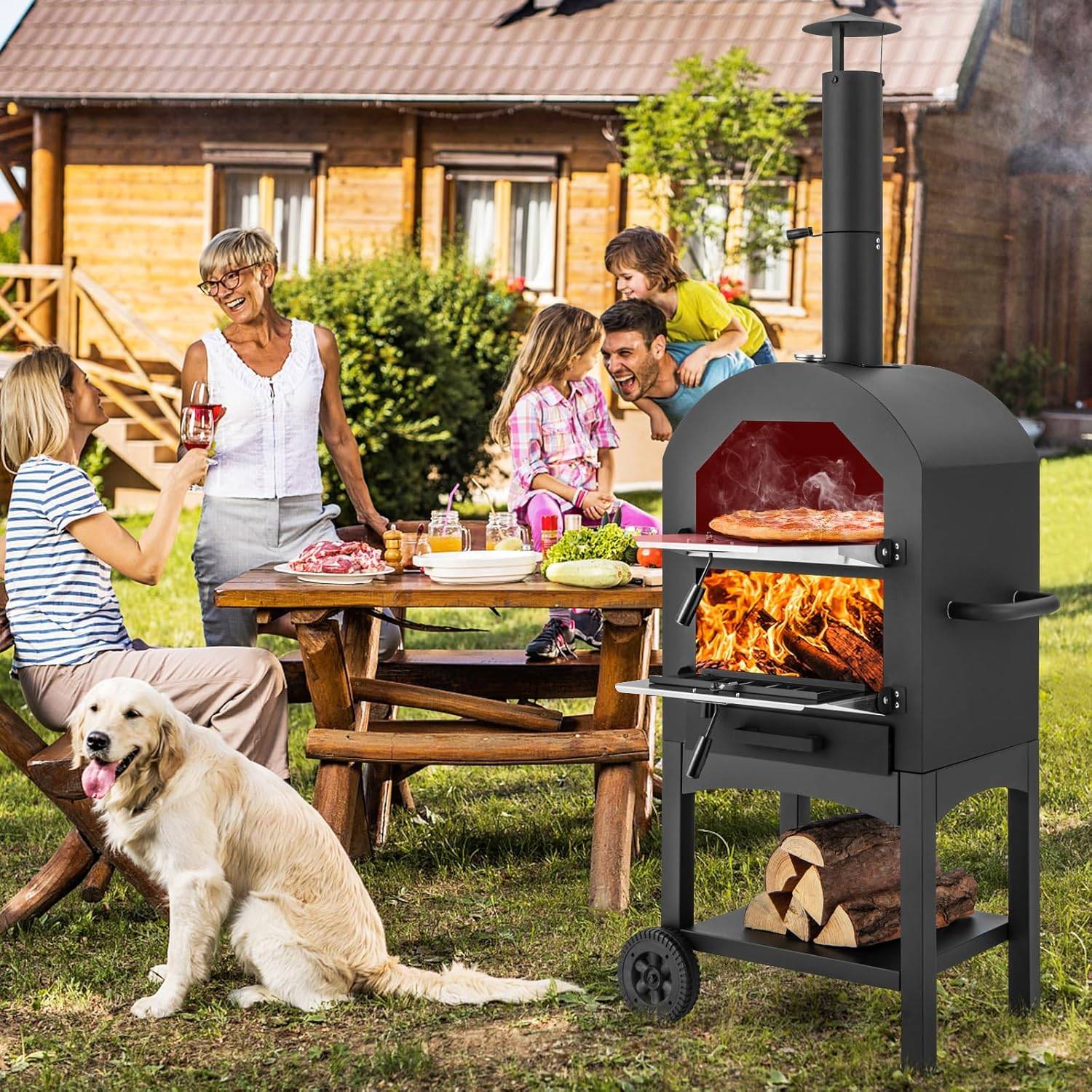 Four à Pizza Extérieur avec Thermomètre Intégré, Grill à Pizza Mobile avec Poignée et Roues Pratiques Couvercle Etanche - Image 2