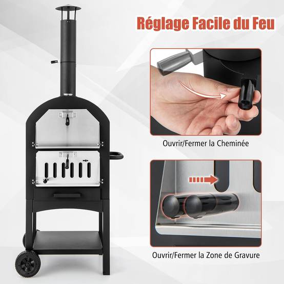 Four à Pizza Extérieur avec Thermomètre Intégré, Grill à Pizza Mobile avec Poignée et Roues Pratiques Couvercle Etanche - Image 9