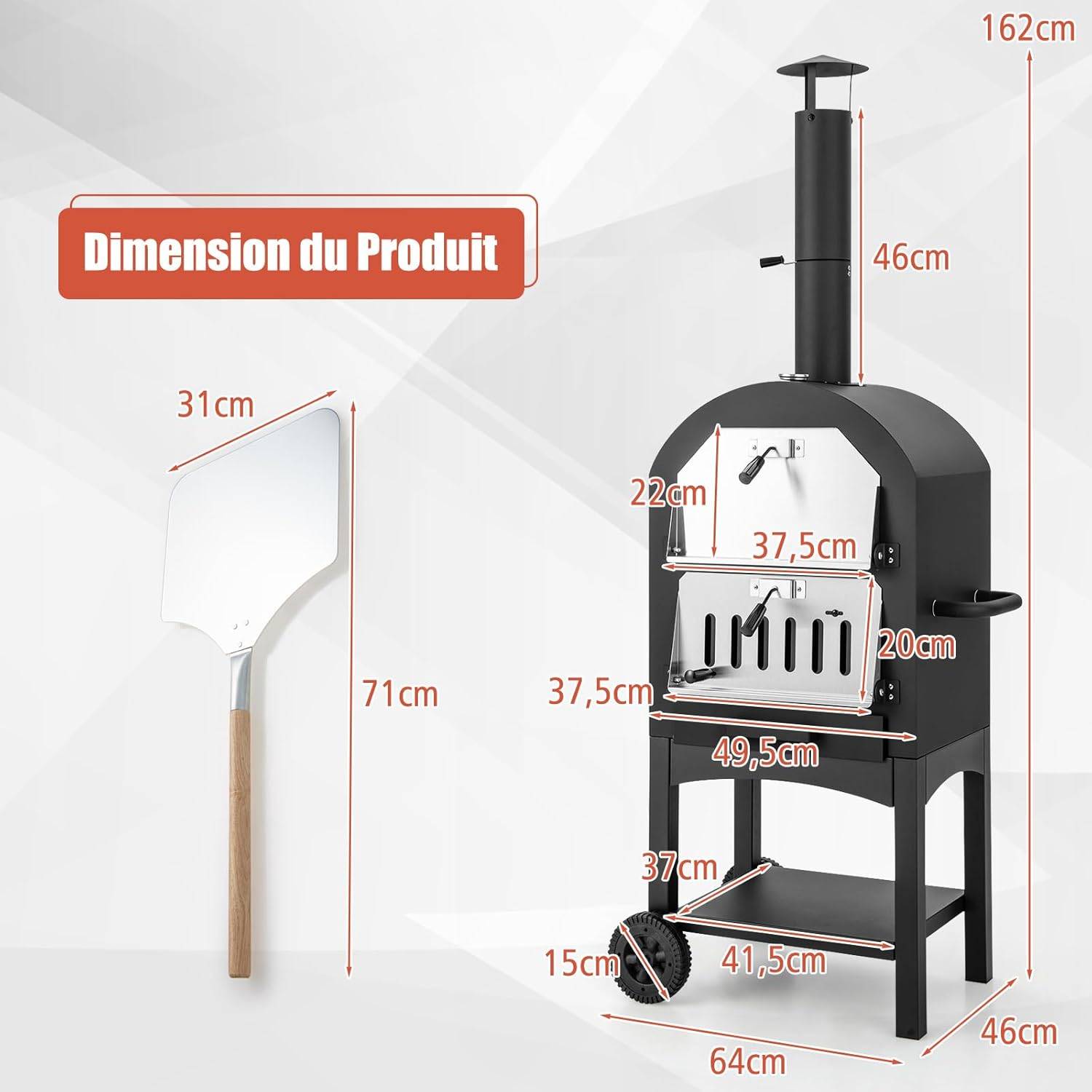 Four à Pizza Extérieur avec Thermomètre Intégré, Grill à Pizza Mobile avec Poignée et Roues Pratiques Couvercle Etanche - Image 5