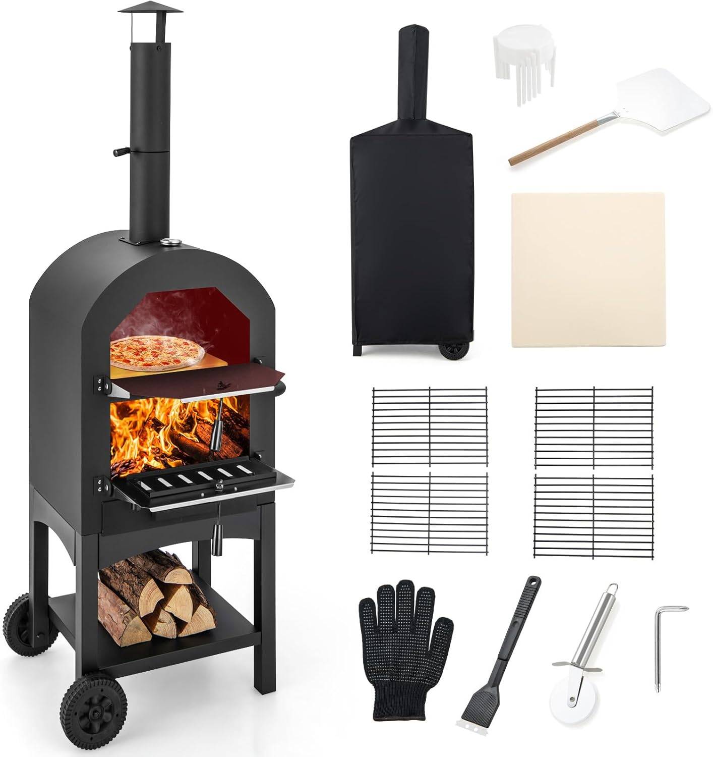 Four à Pizza Extérieur avec Thermomètre Intégré, Grill à Pizza Mobile avec Poignée et Roues Pratiques Couvercle Etanche - Image 1