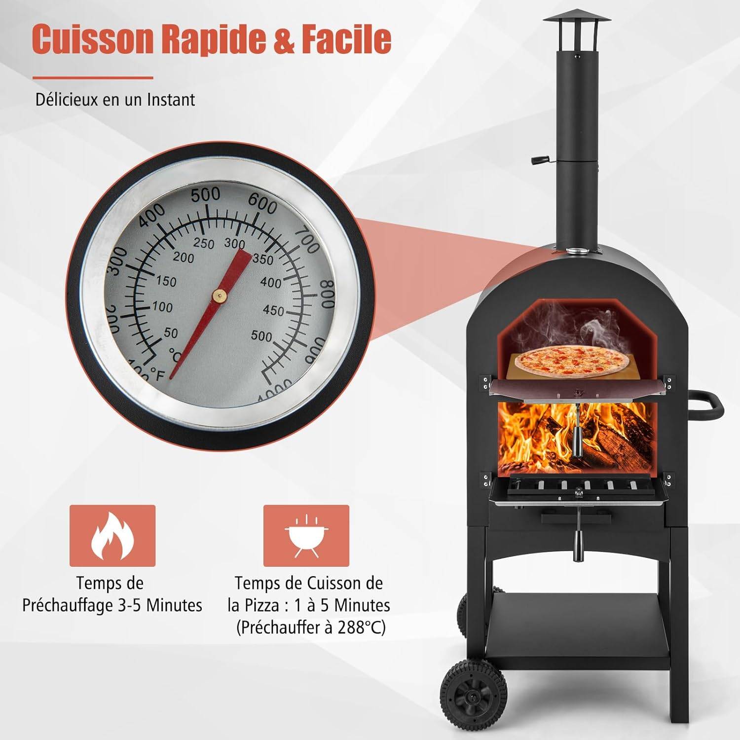 Four à Pizza Extérieur avec Thermomètre Intégré, Grill à Pizza Mobile avec Poignée et Roues Pratiques Couvercle Etanche - Image 6