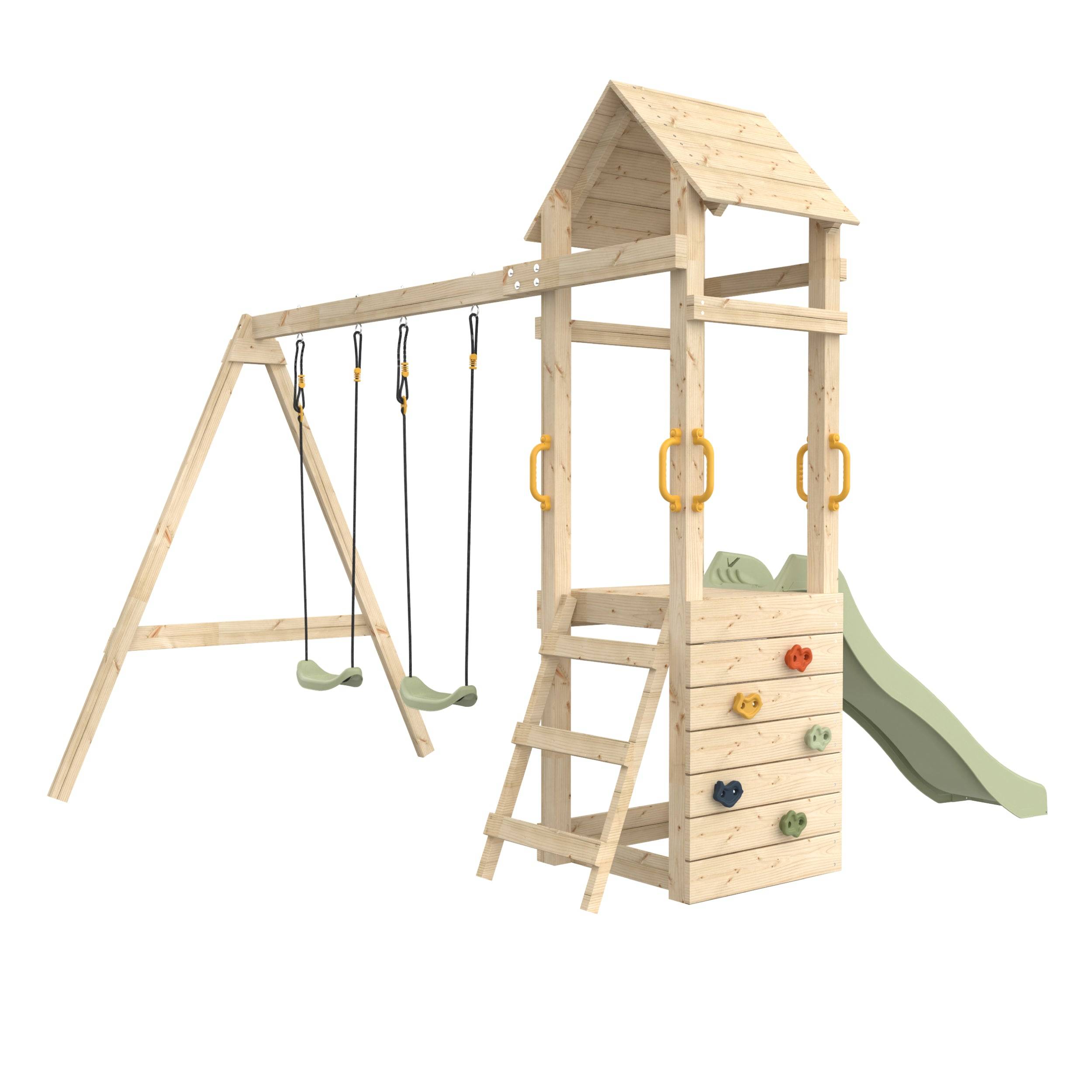 Aire de jeux PLAQUEMINIER avec toit - plateforme - échelle - mur d'escalade - 2 balançoires - toboggan h240 cm - Image 5
