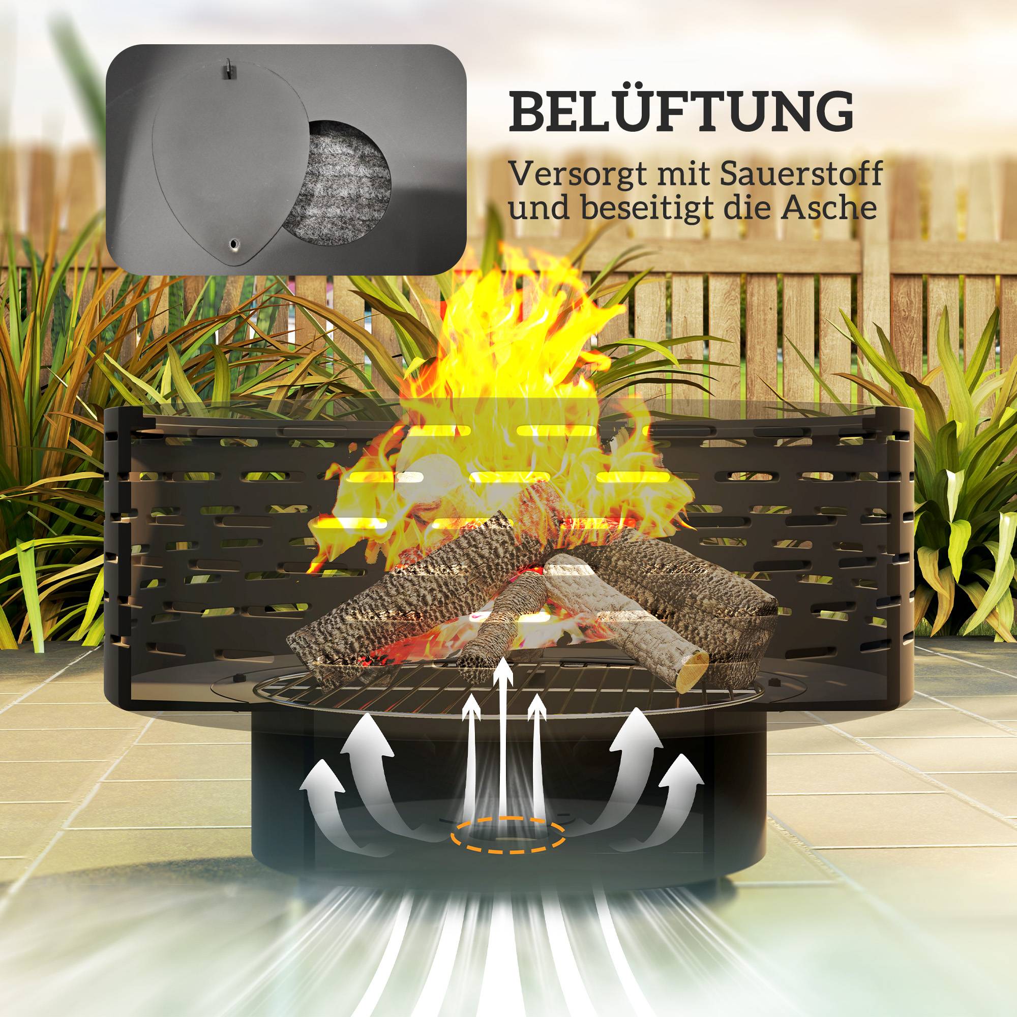 ComfortXL - Brasero 3-en-1 métal Ø60 x 39 cm gris charbon pour terrasse jardin avec grille inox table et pare-étincelles - Image 7
