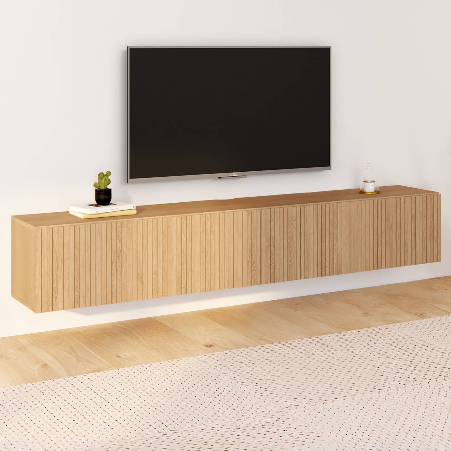 Meuble TV 180 cm suspendu JULIETTE 2 portes lattes tasseau bois coloris chêne - Image 1