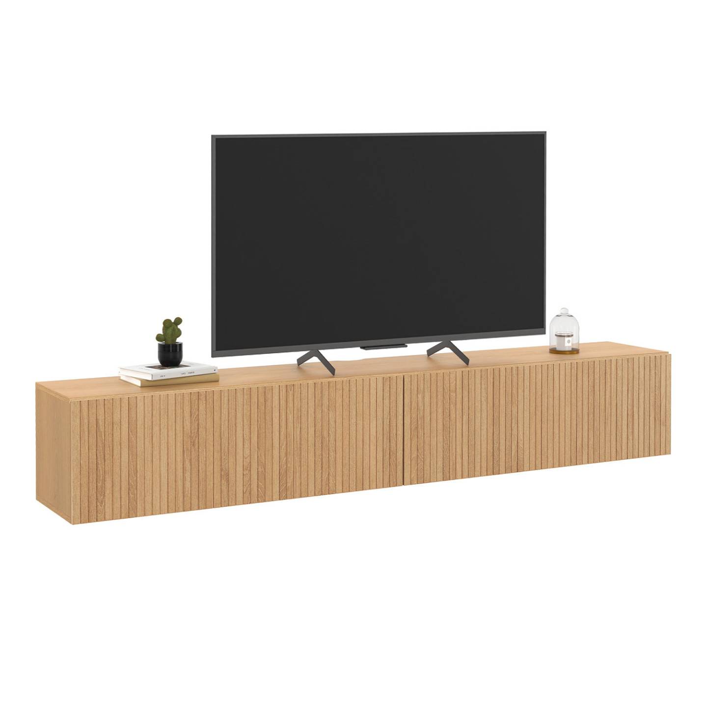 Meuble TV 180 cm suspendu JULIETTE 2 portes lattes tasseau bois coloris chêne - Image 2