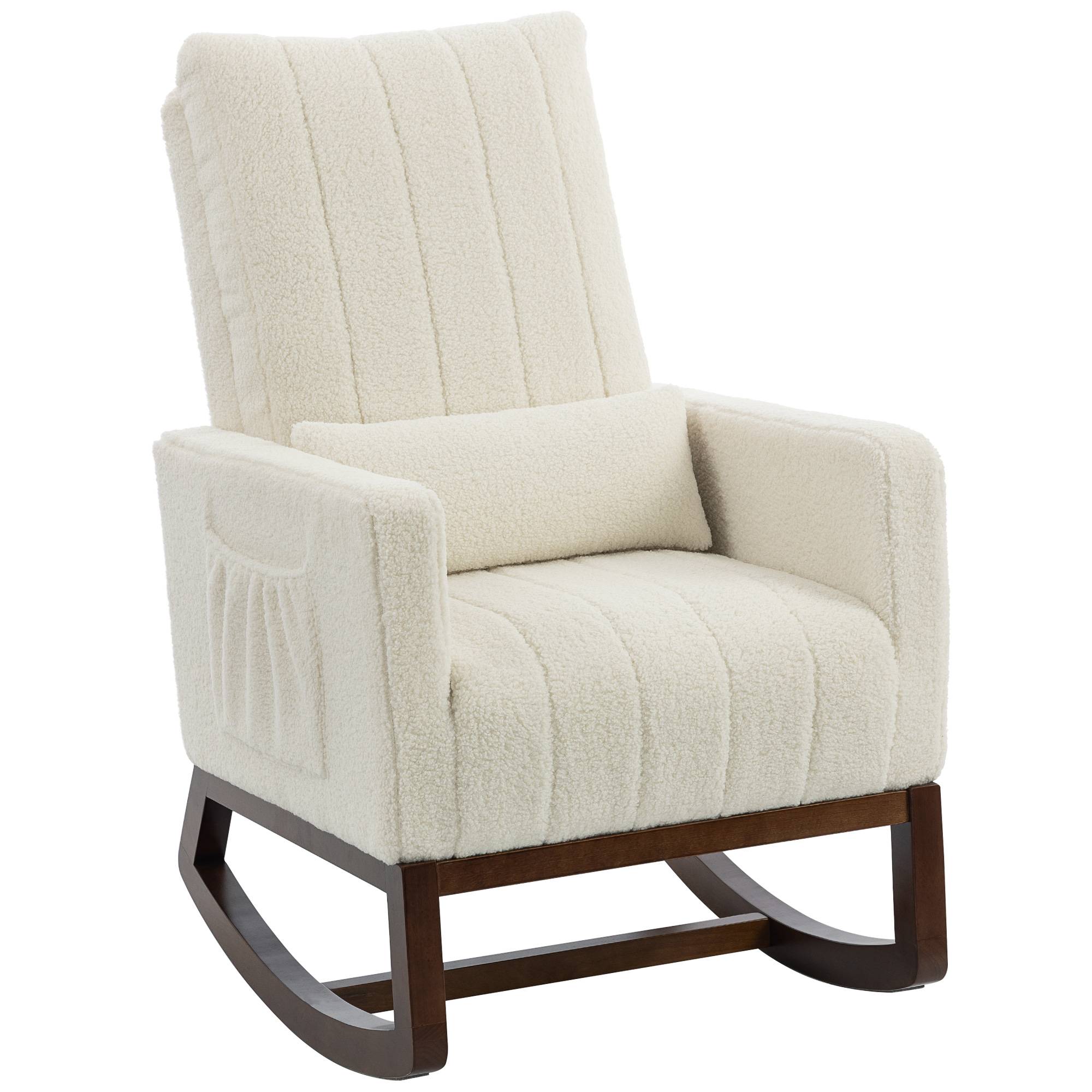 Sans Marque - Fauteuil à bascule, rocking chair en flanelle neige rembourré, coussin lombaire, dossier haut, poches latérales, crème - Image 1