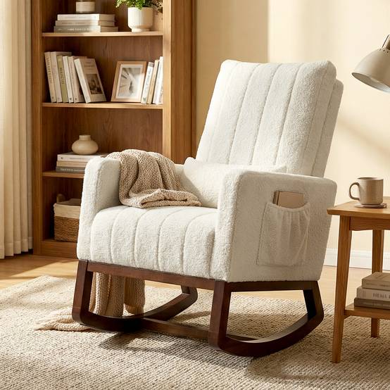Sans Marque - Fauteuil à bascule, rocking chair en flanelle neige rembourré, coussin lombaire, dossier haut, poches latérales, crème - Image 4