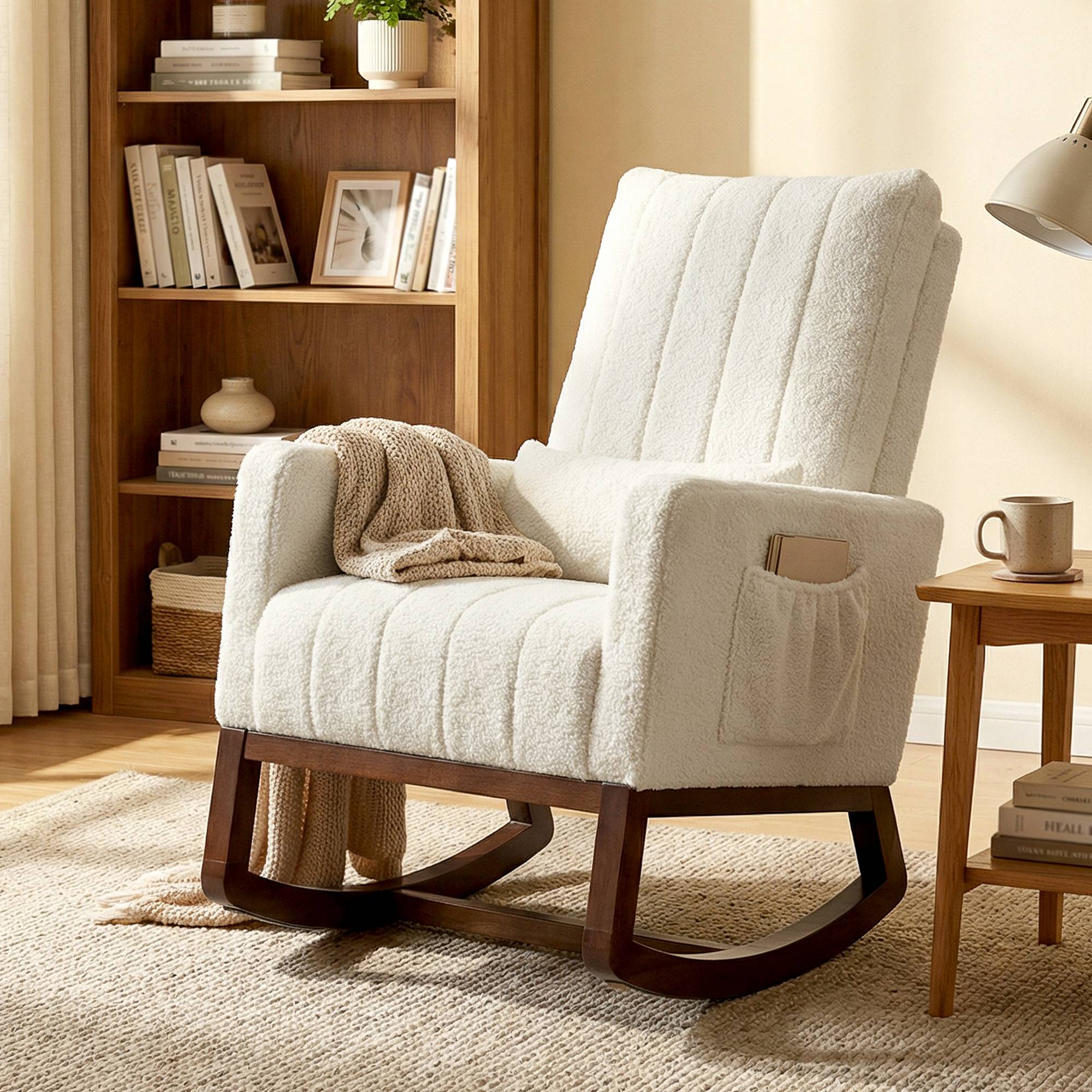Sans Marque - Fauteuil à bascule, rocking chair en flanelle neige rembourré, coussin lombaire, dossier haut, poches latérales, crème - Image 4