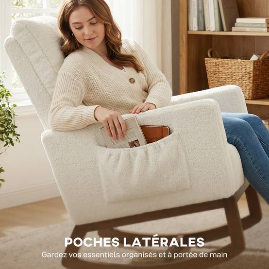 Sans Marque - Fauteuil à bascule, rocking chair en flanelle neige rembourré, coussin lombaire, dossier haut, poches latérales, crème - Image 10
