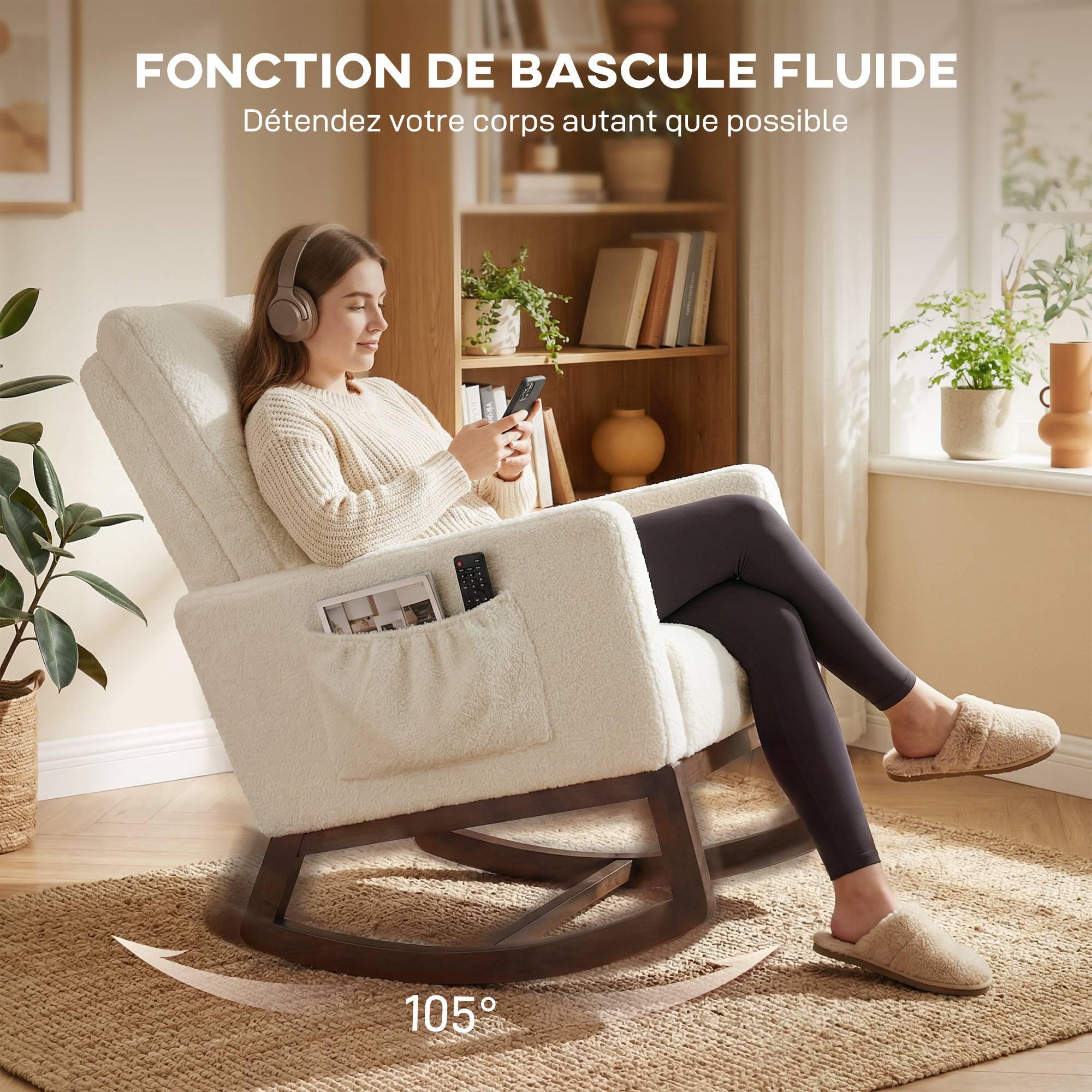 Sans Marque - Fauteuil à bascule, rocking chair en flanelle neige rembourré, coussin lombaire, dossier haut, poches latérales, crème - Image 6