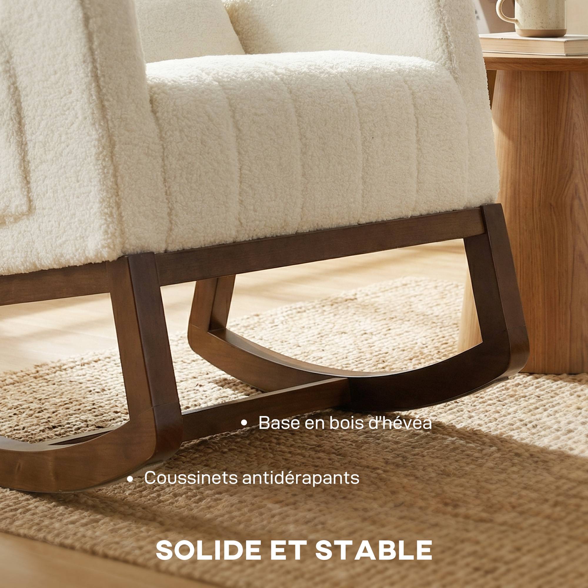 Sans Marque - Fauteuil à bascule, rocking chair en flanelle neige rembourré, coussin lombaire, dossier haut, poches latérales, crème - Image 9