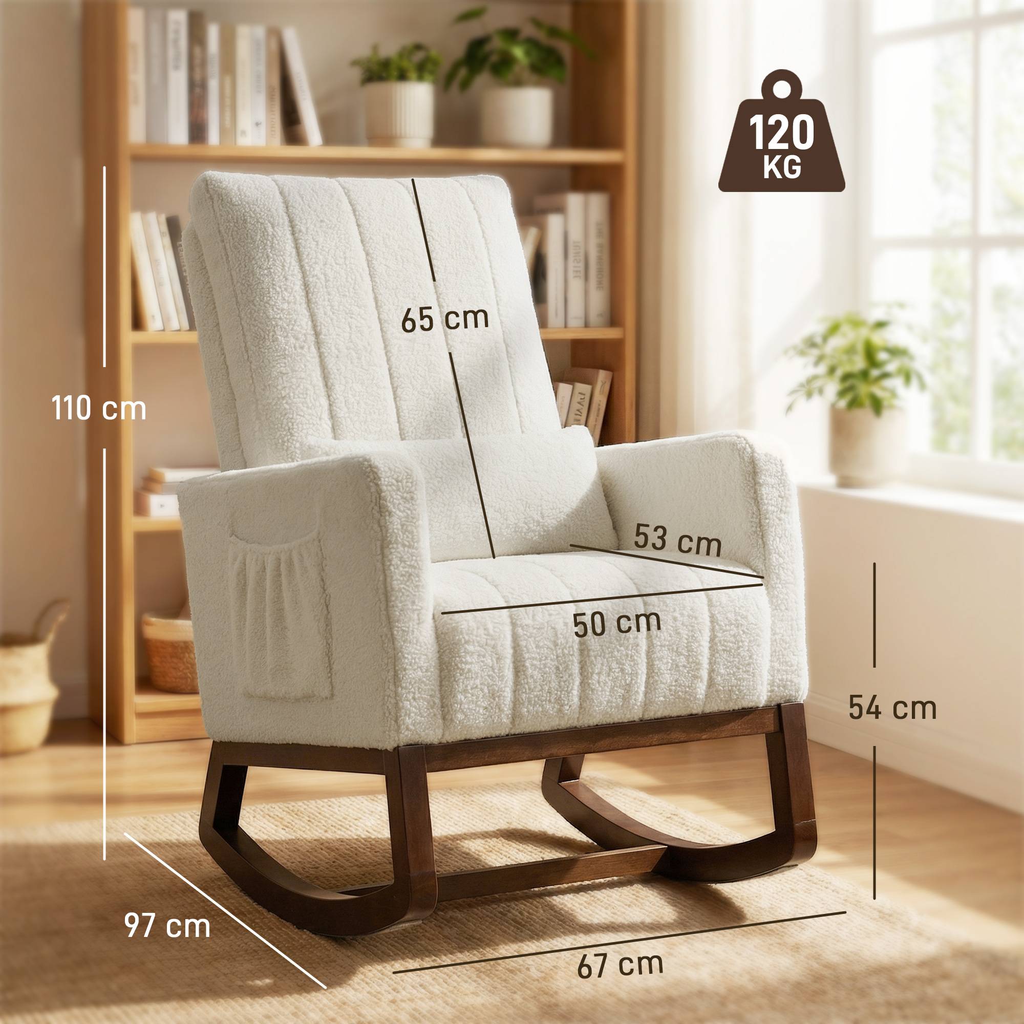 Sans Marque - Fauteuil à bascule, rocking chair en flanelle neige rembourré, coussin lombaire, dossier haut, poches latérales, crème - Image 5