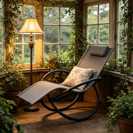 Fauteuil à bascule de jardin métal textilène bain de soleil relaxant 143x66cm gris - ComfortXL Outdoor Living - Image 3