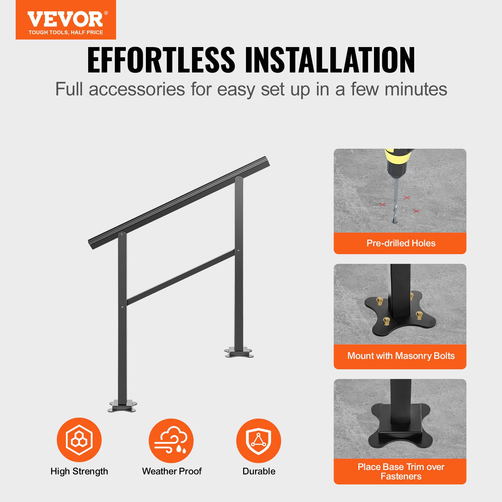 Vevor - VEVOR Main courante escalier aluminium 91x89.5cm réglable 0-30°, charge 75kg, pour 2-3 marches, jardin extérieur. - Image 2