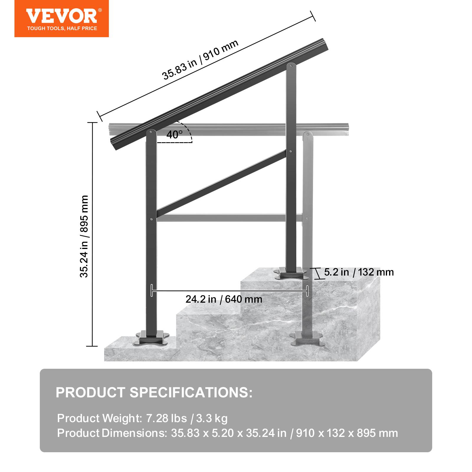 Vevor - VEVOR Main courante escalier aluminium 91x89.5cm réglable 0-30°, charge 75kg, pour 2-3 marches, jardin extérieur. - Image 7