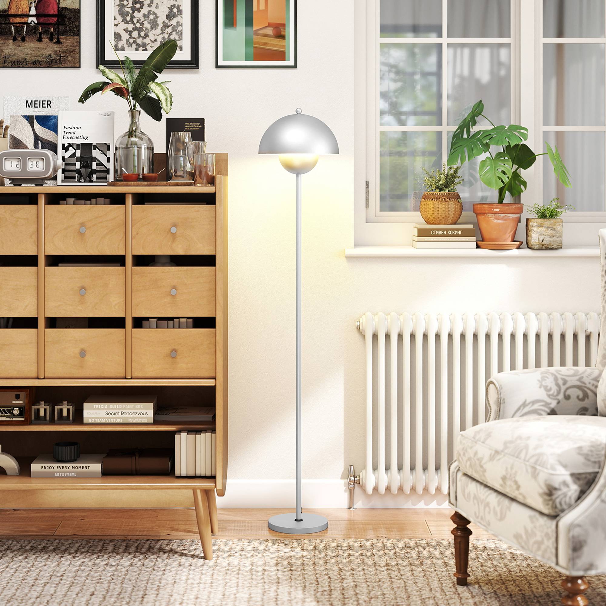 Lampadaire argent abat-jour bol interrupteur au pied douille E27 ampoule non fournie Ø30 × 155 cm salon - Image 4
