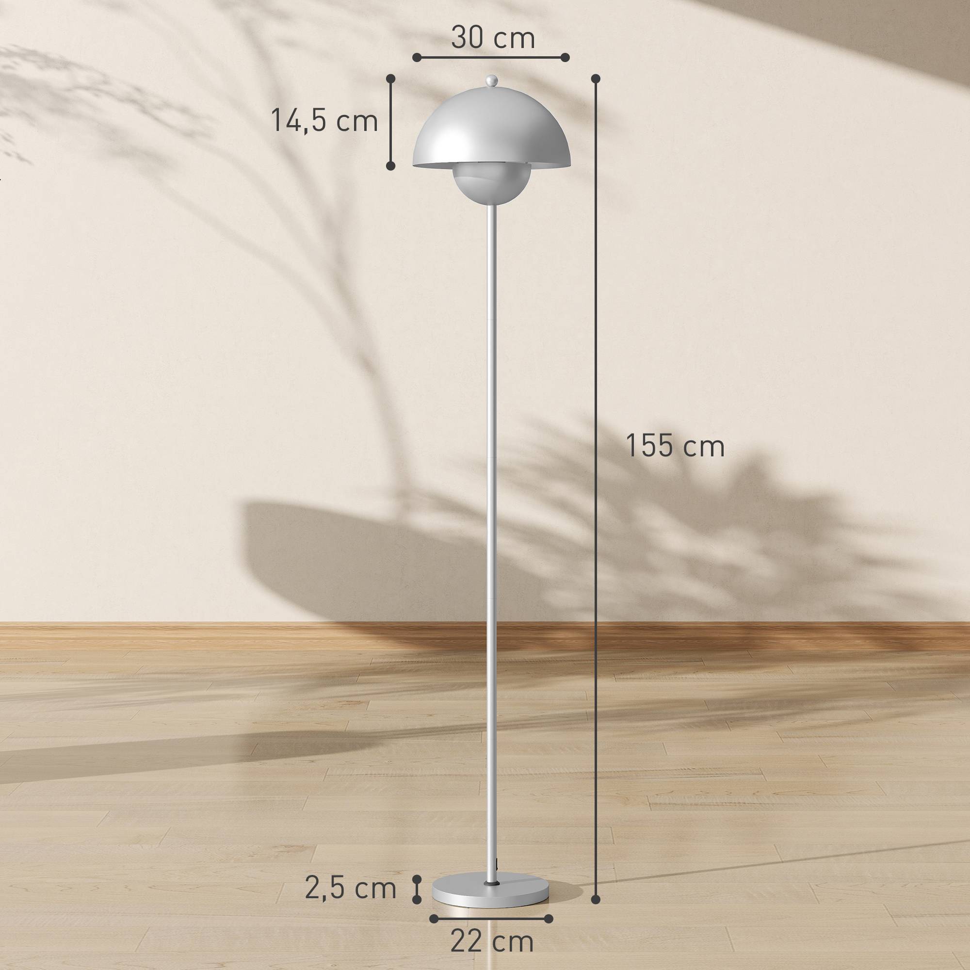 Lampadaire argent abat-jour bol interrupteur au pied douille E27 ampoule non fournie Ø30 × 155 cm salon - Image 5