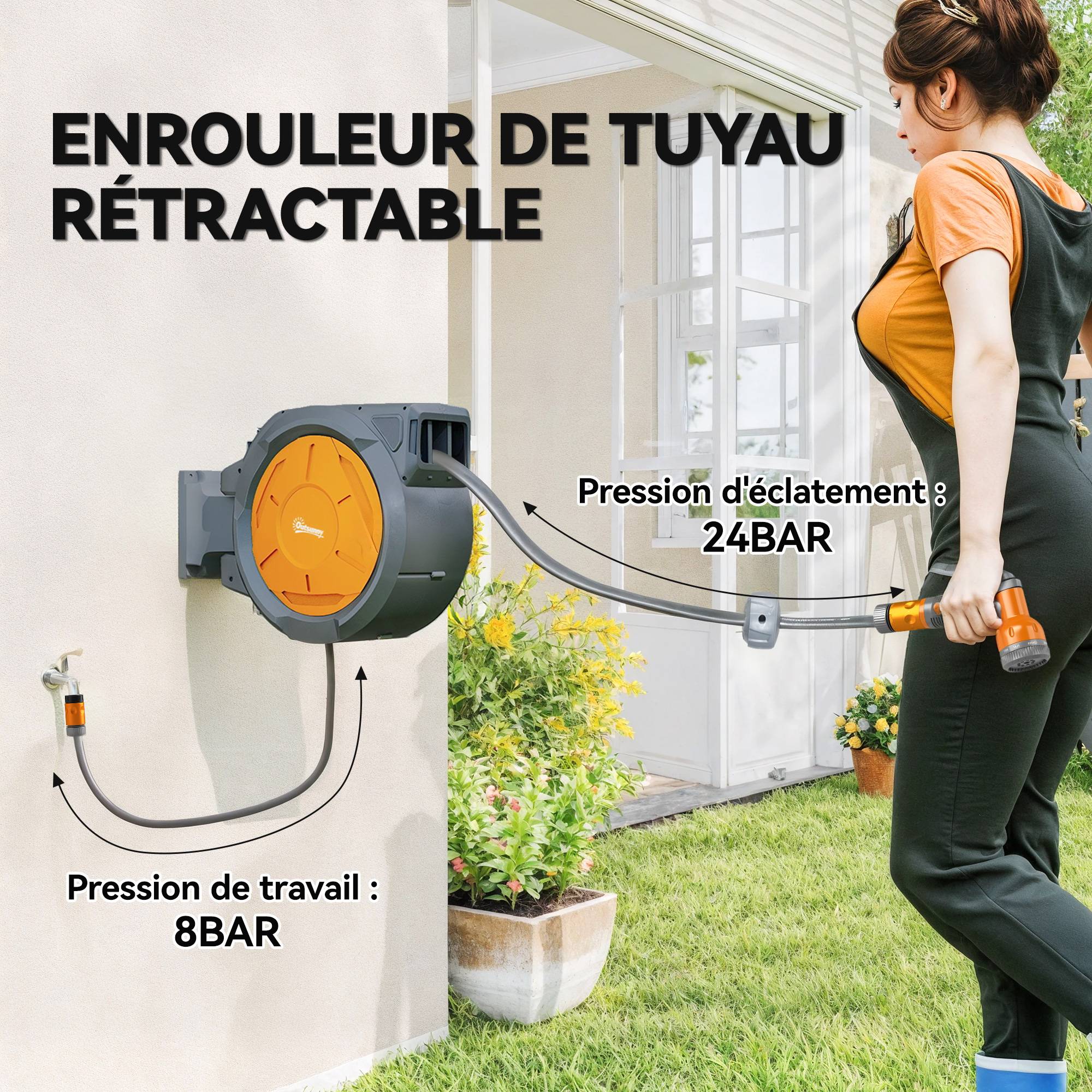 ComfortXL - Enrouleur de tuyau d'arrosage mural automatique en PP orange 30 m Ø 15 mm pivotant à 180° pour jardin et terrasse - Image 4