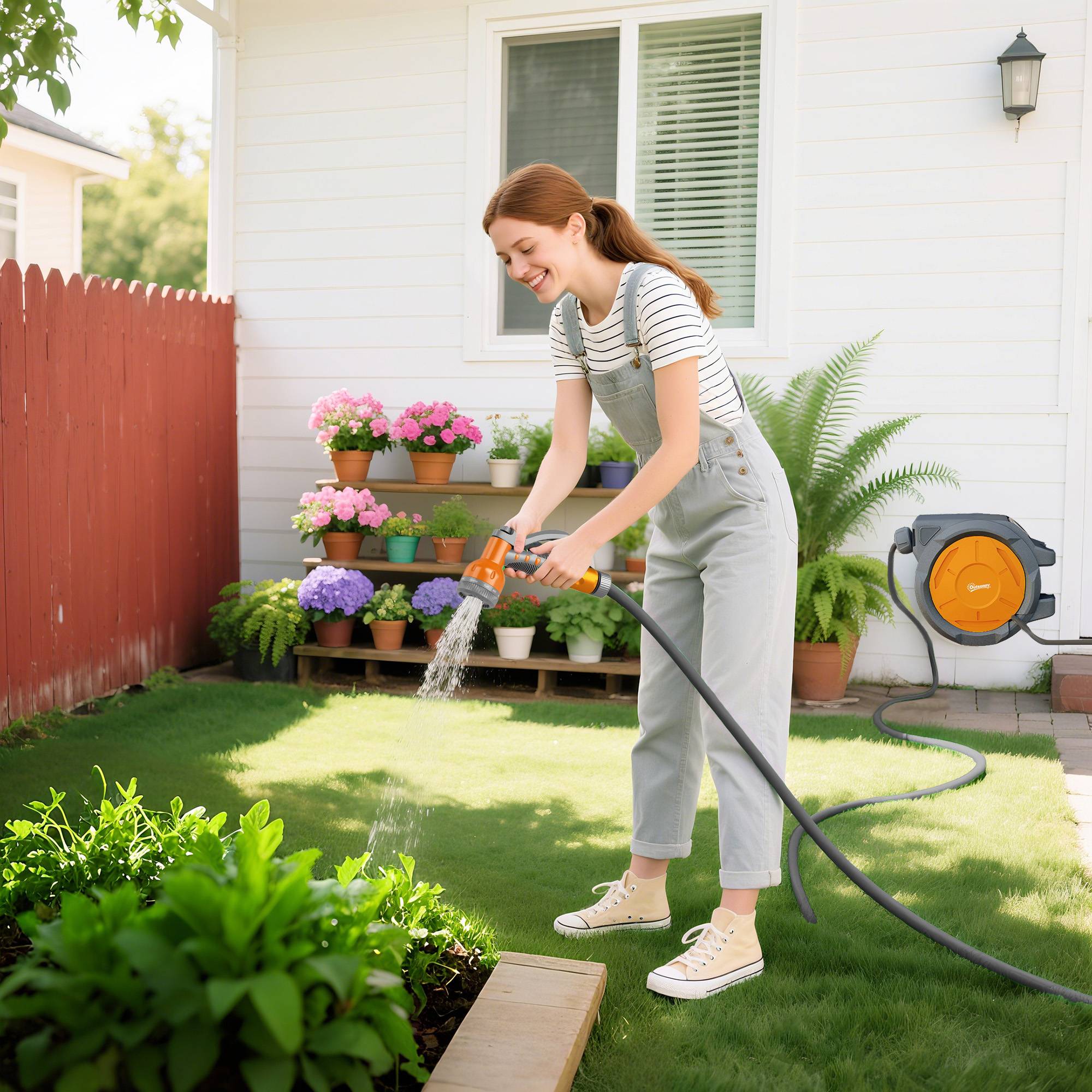 ComfortXL - Enrouleur de tuyau d'arrosage mural automatique en PP orange 30 m Ø 15 mm pivotant à 180° pour jardin et terrasse - Image 8
